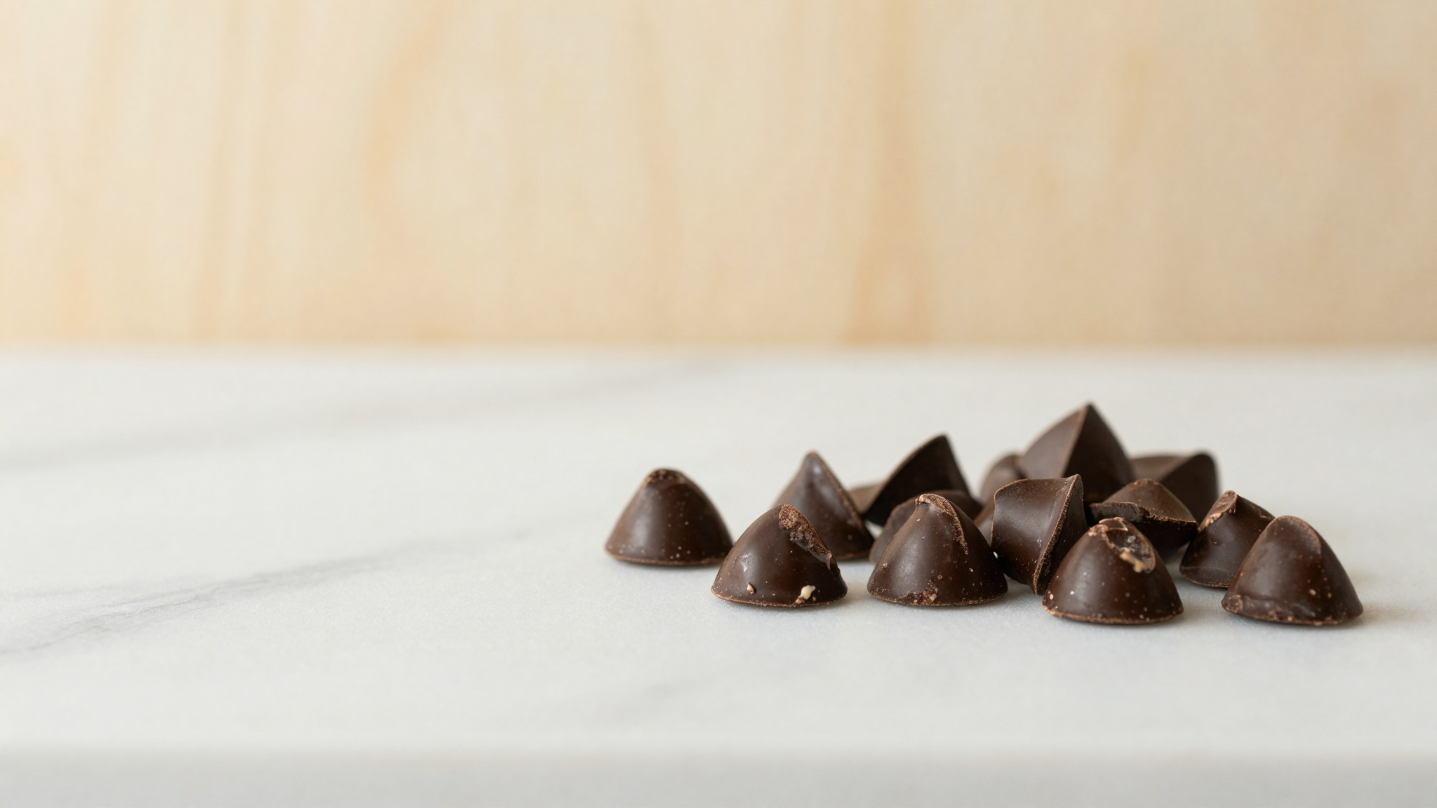 Dark chocolate chips showing whitish fat bloom next to glossy chips on a marble surface