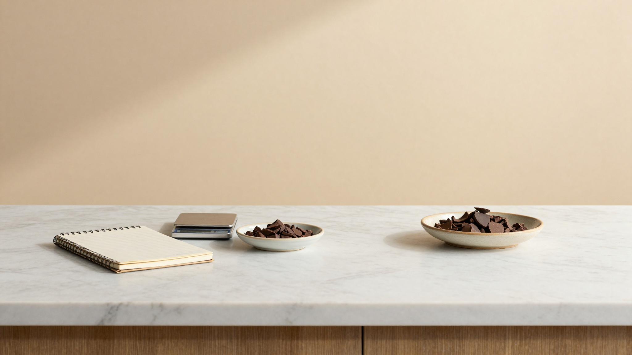 A marble bench with a notebook, small scale and dishes of dark chocolate for troubleshooting