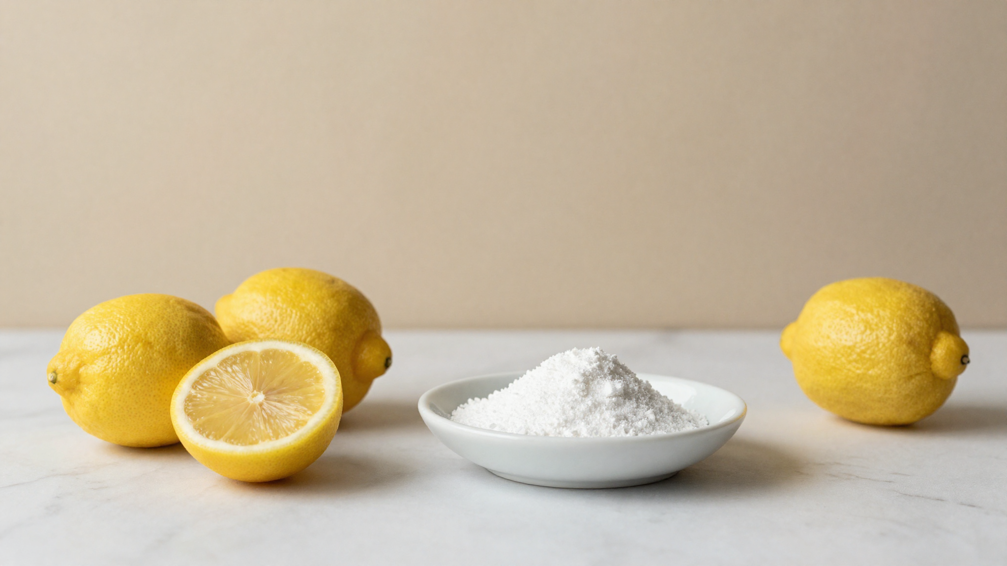 Citric acid as a hero ingredient on white marble with fresh cut lemons and a small ceramic dish of white crystalline powder