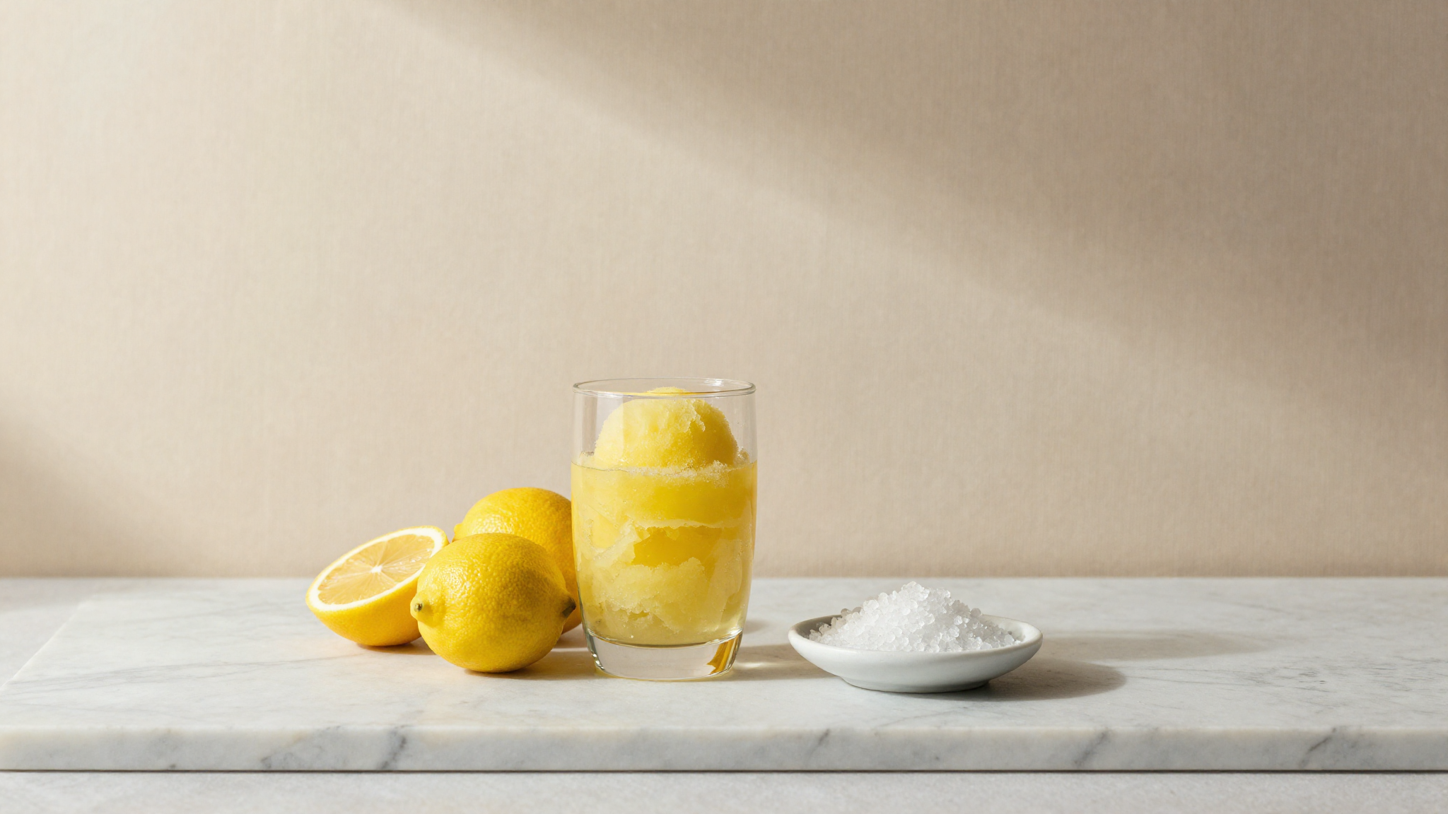 Bright lemon sorbet in a glass beside fresh citrus and a tiny dish of white acid crystals on marble