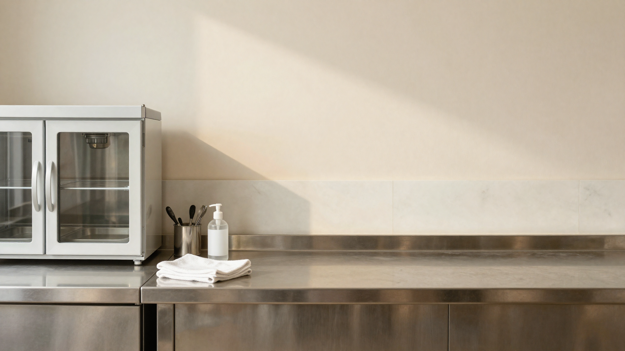 A spotless italian gelato lab with polished stainless steel surfaces and clean equipment
