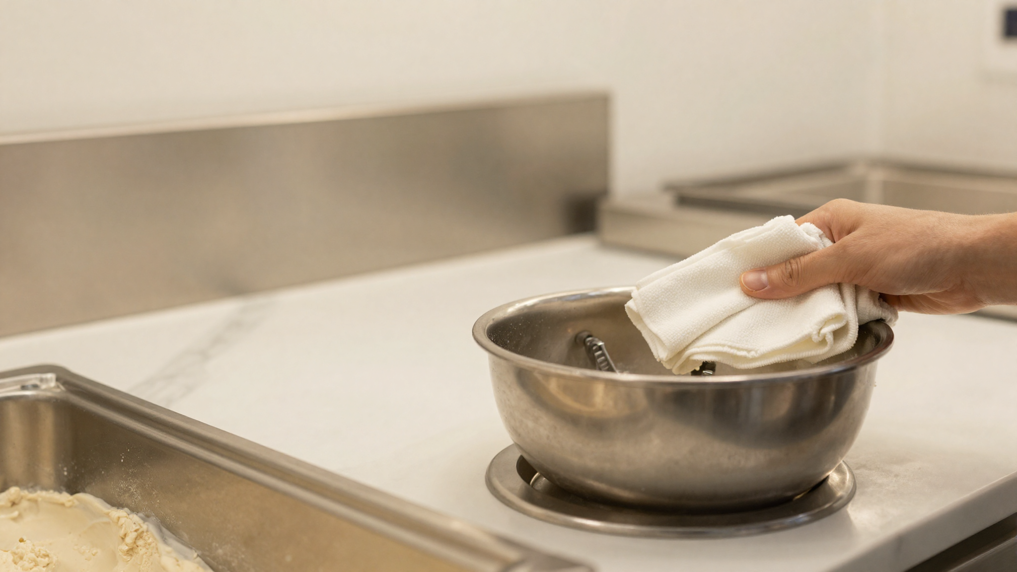 Close-up of a stainless steel batch freezer dasher being wiped clean with a white cloth