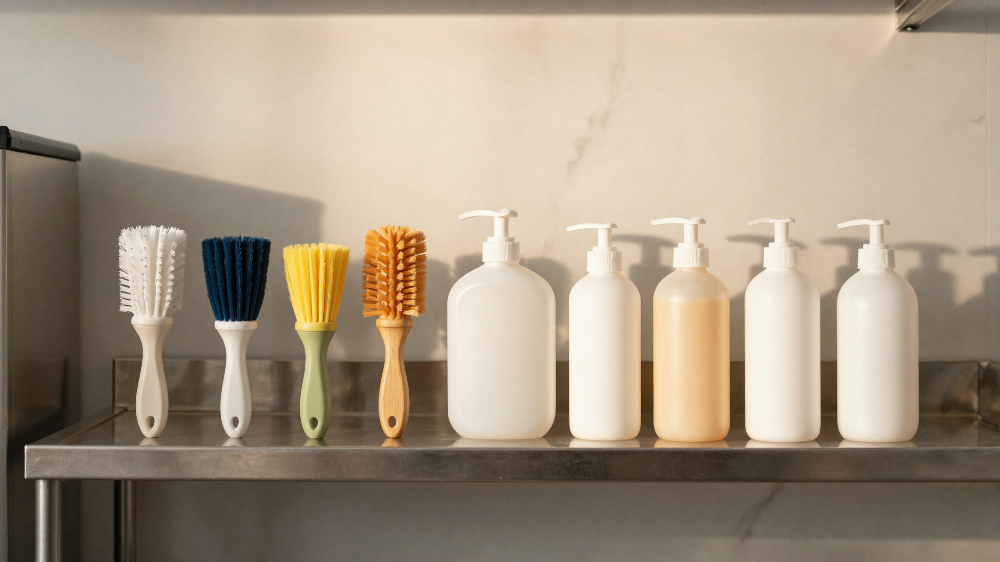 Neatly organized color-coded cleaning brushes and labeled sanitizer bottles on a clean shelf
