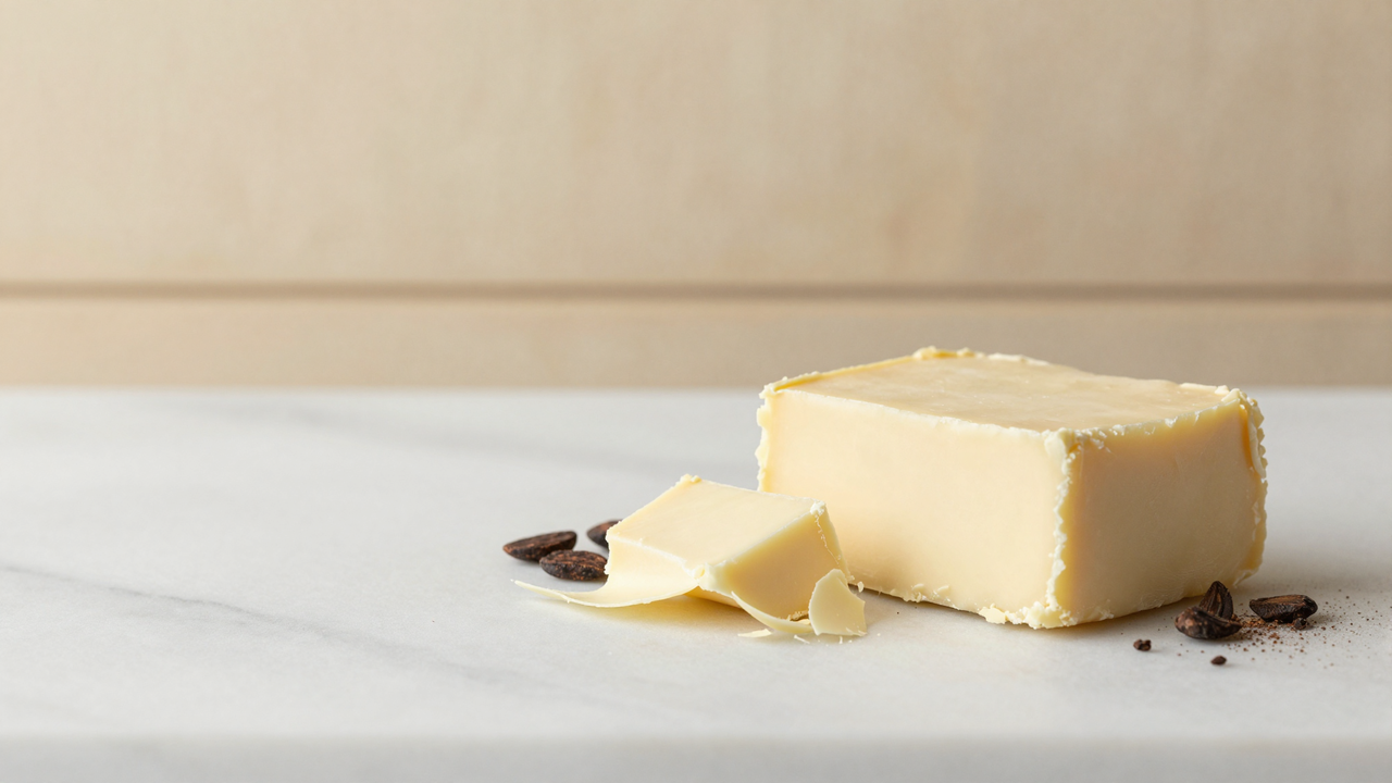 Pale cocoa butter blocks and shavings with cacao nibs on a white marble surface