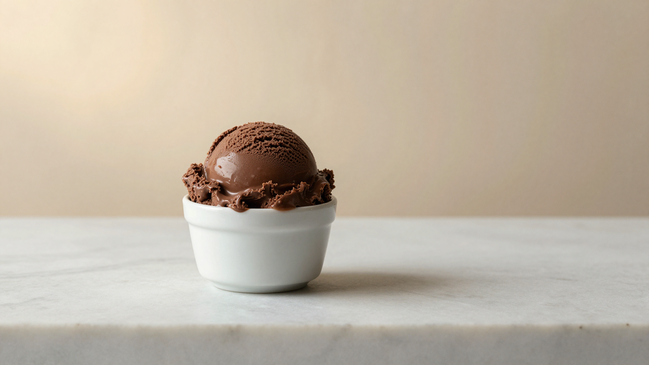 A freshly drawn scoop of glossy dark chocolate gelato in a white ceramic cup on marble