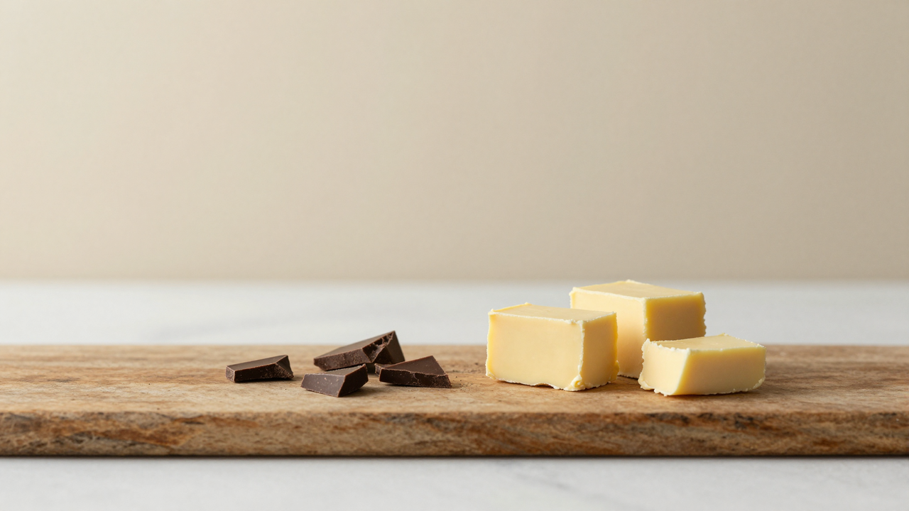 Pale cocoa butter blocks beside broken dark chocolate couverture pieces on aged wood