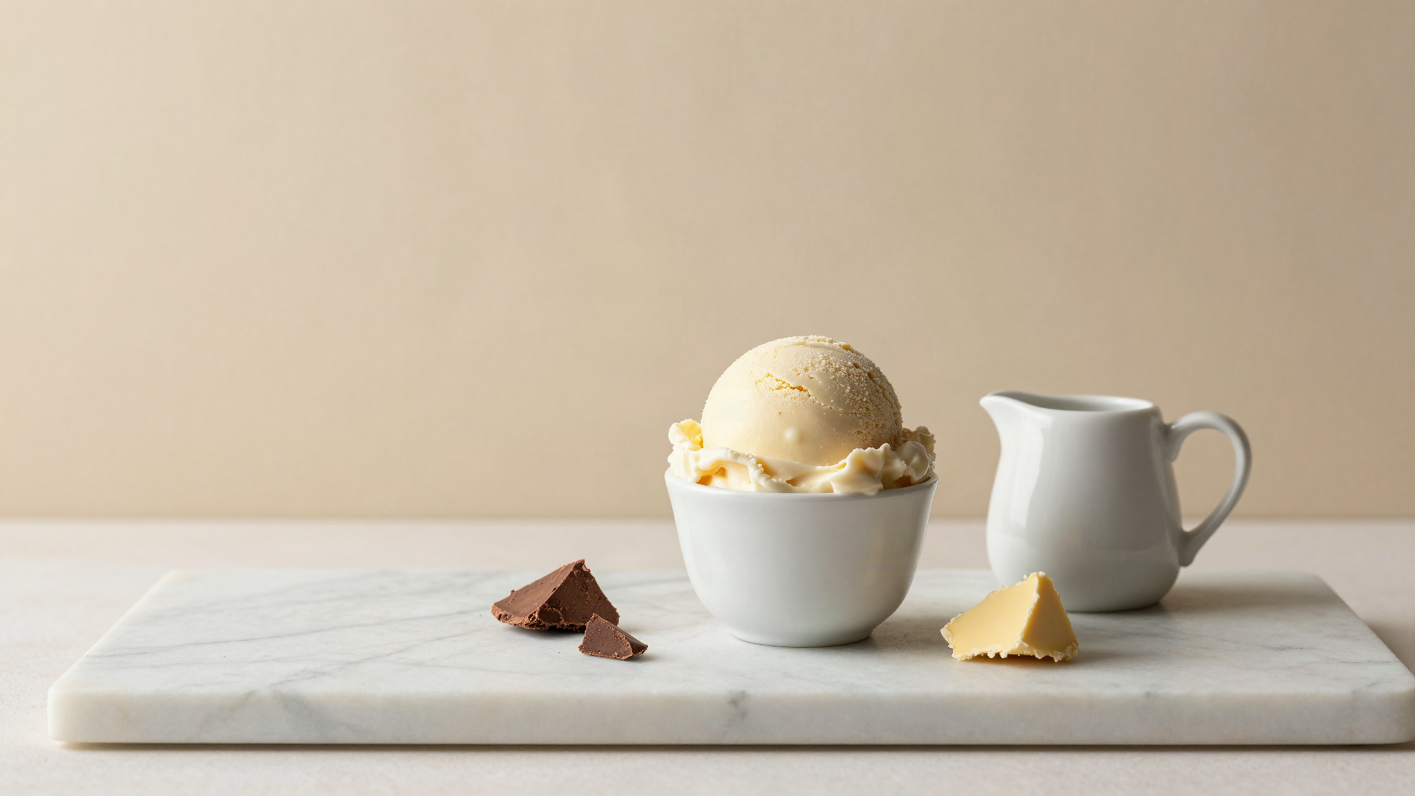 A scoop of gelato in a white ceramic cup on marble beside cocoa butter shards and a pitcher of cream
