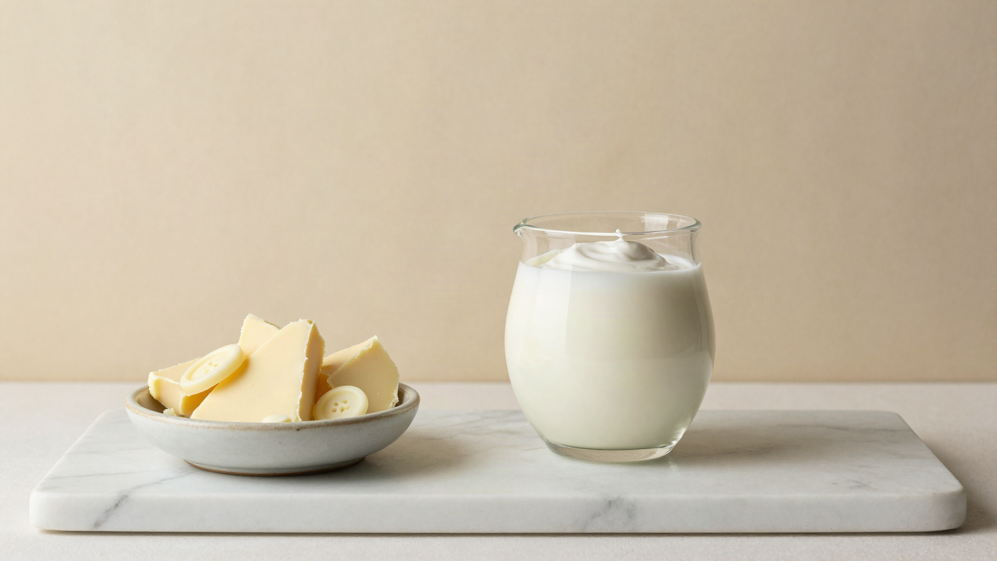 Pale ivory cocoa butter shards in a ceramic dish beside a glass pitcher of fresh cream on marble