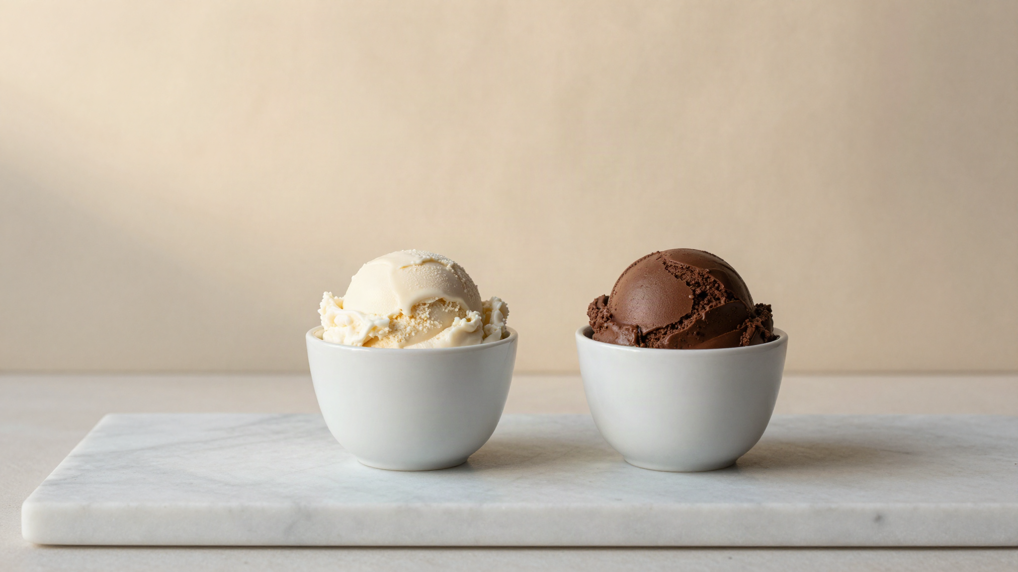 Two ceramic cups side by side holding pale fior di latte gelato and dark chocolate gelato