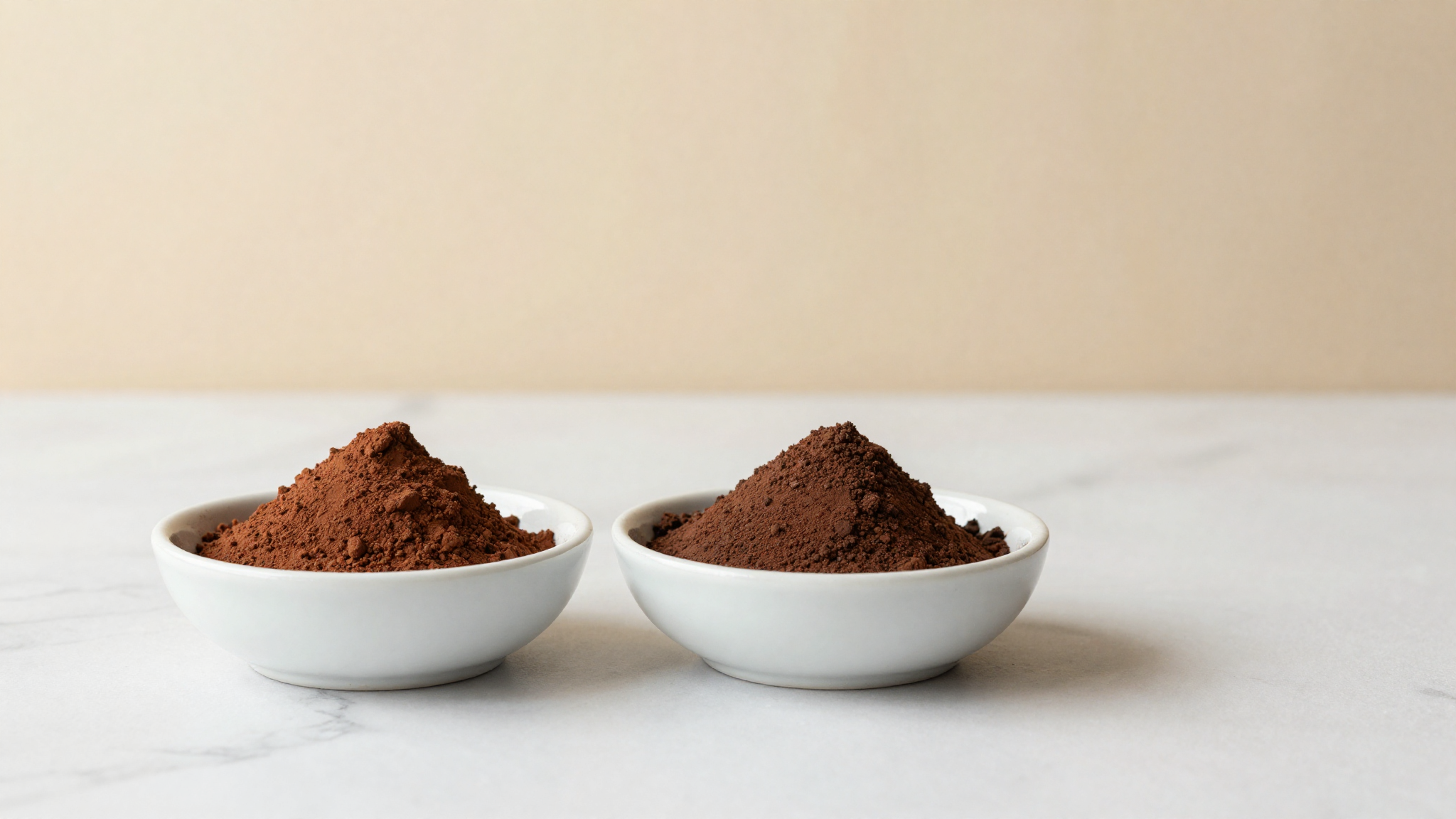 Side-by-side dishes of natural reddish-brown cocoa and darker dutched cocoa on marble