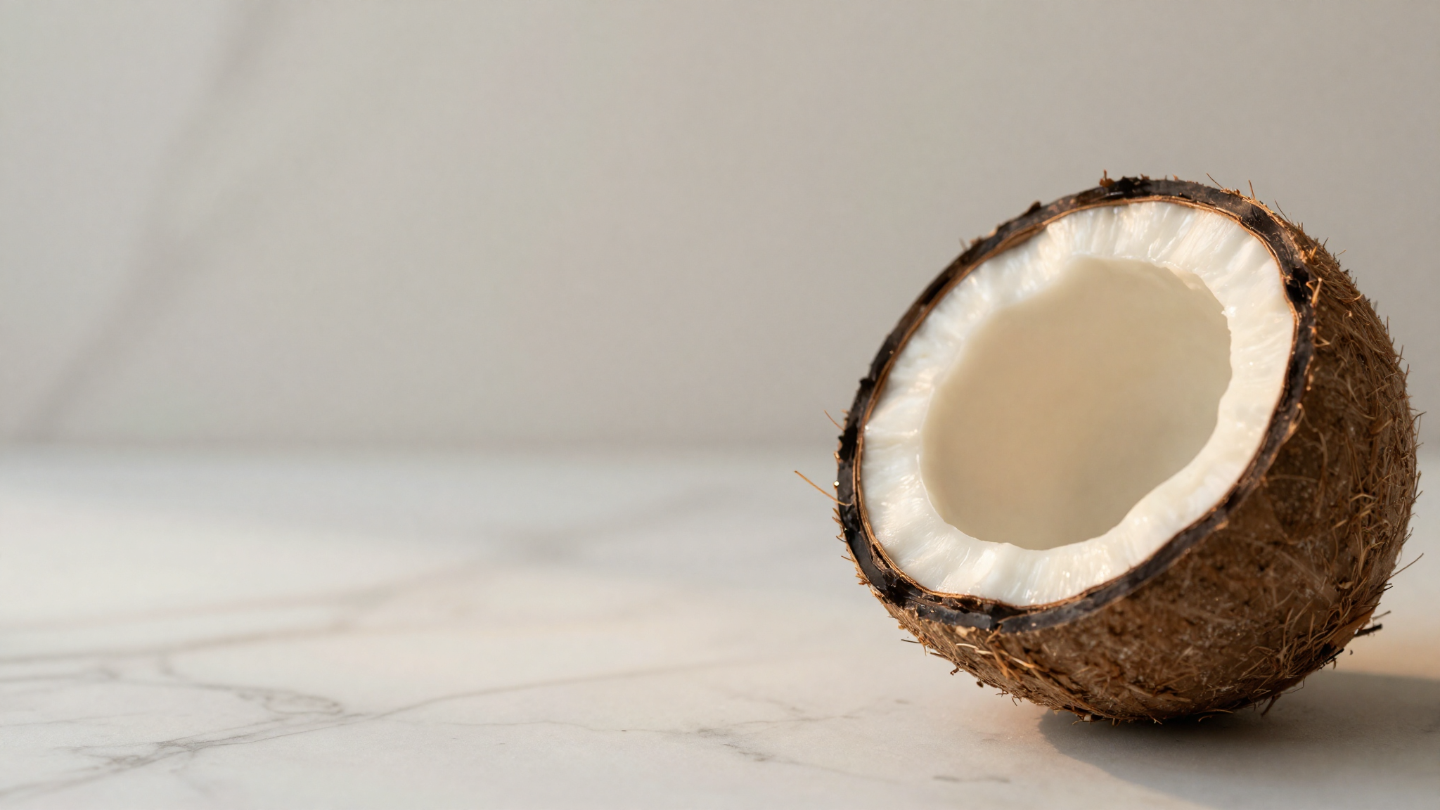 Fresh coconut and canned coconut milk on a marble surface for vegan gelato