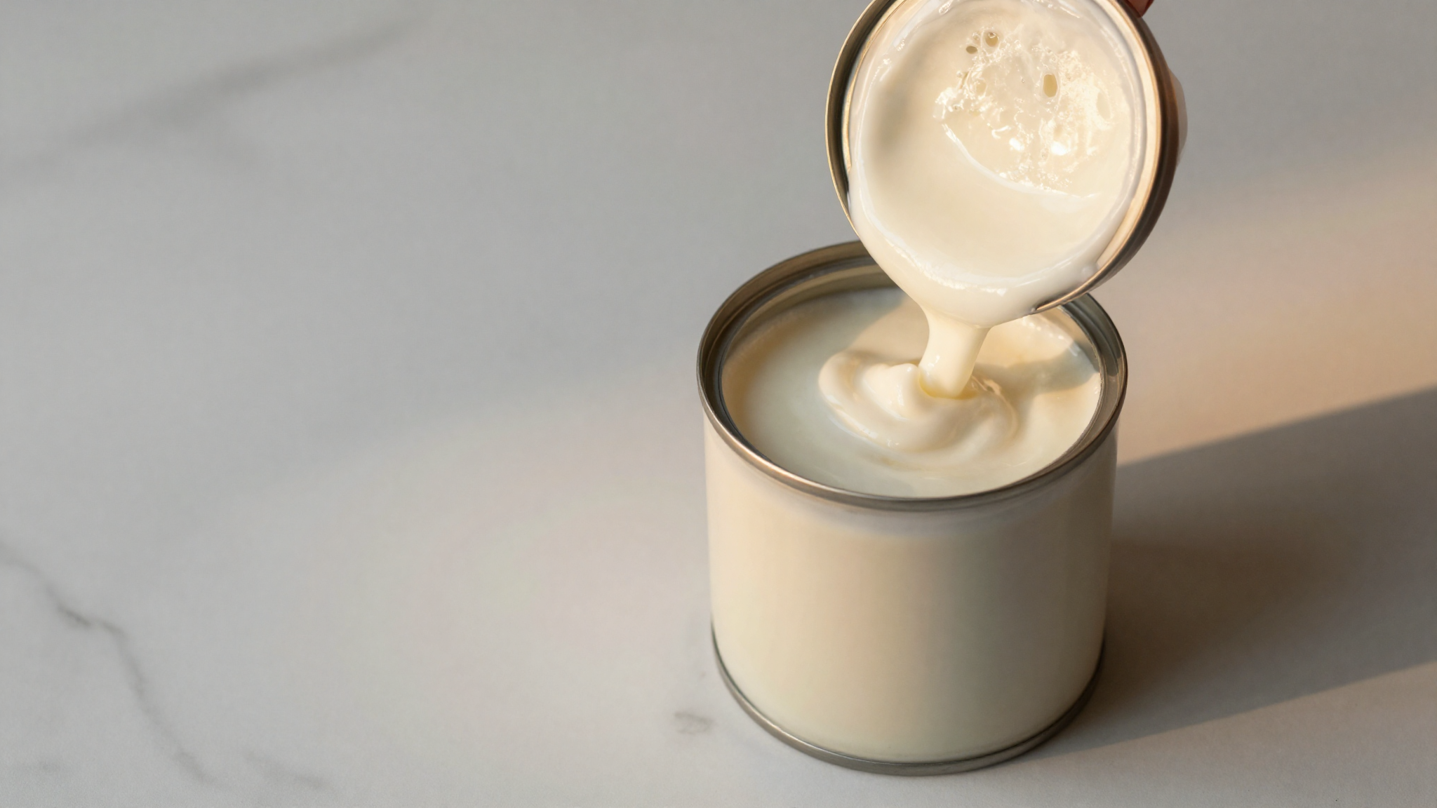 Chilled canned coconut milk separating into thick cream and watery liquid on marble