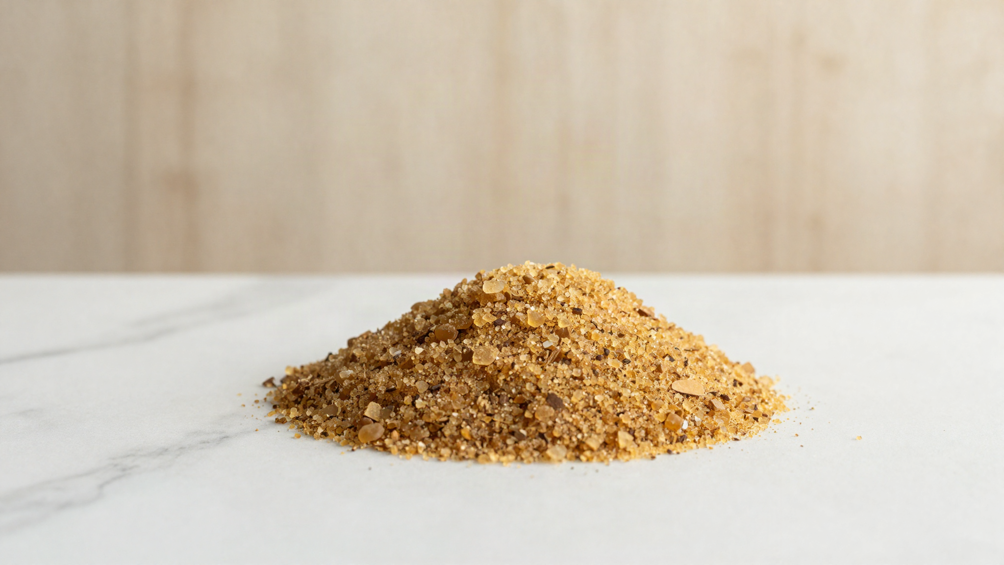 Coconut sugar granules heaped on a marble surface in warm side light