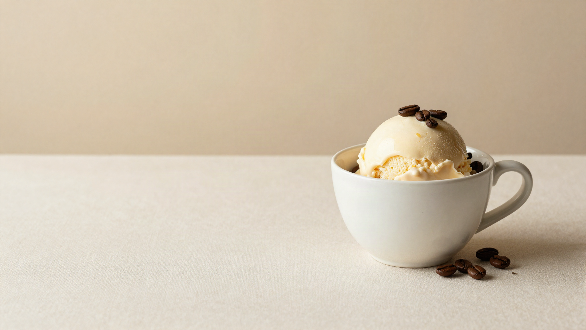 Coffee gelato served in a refined ceramic cup with a few coffee beans on marble