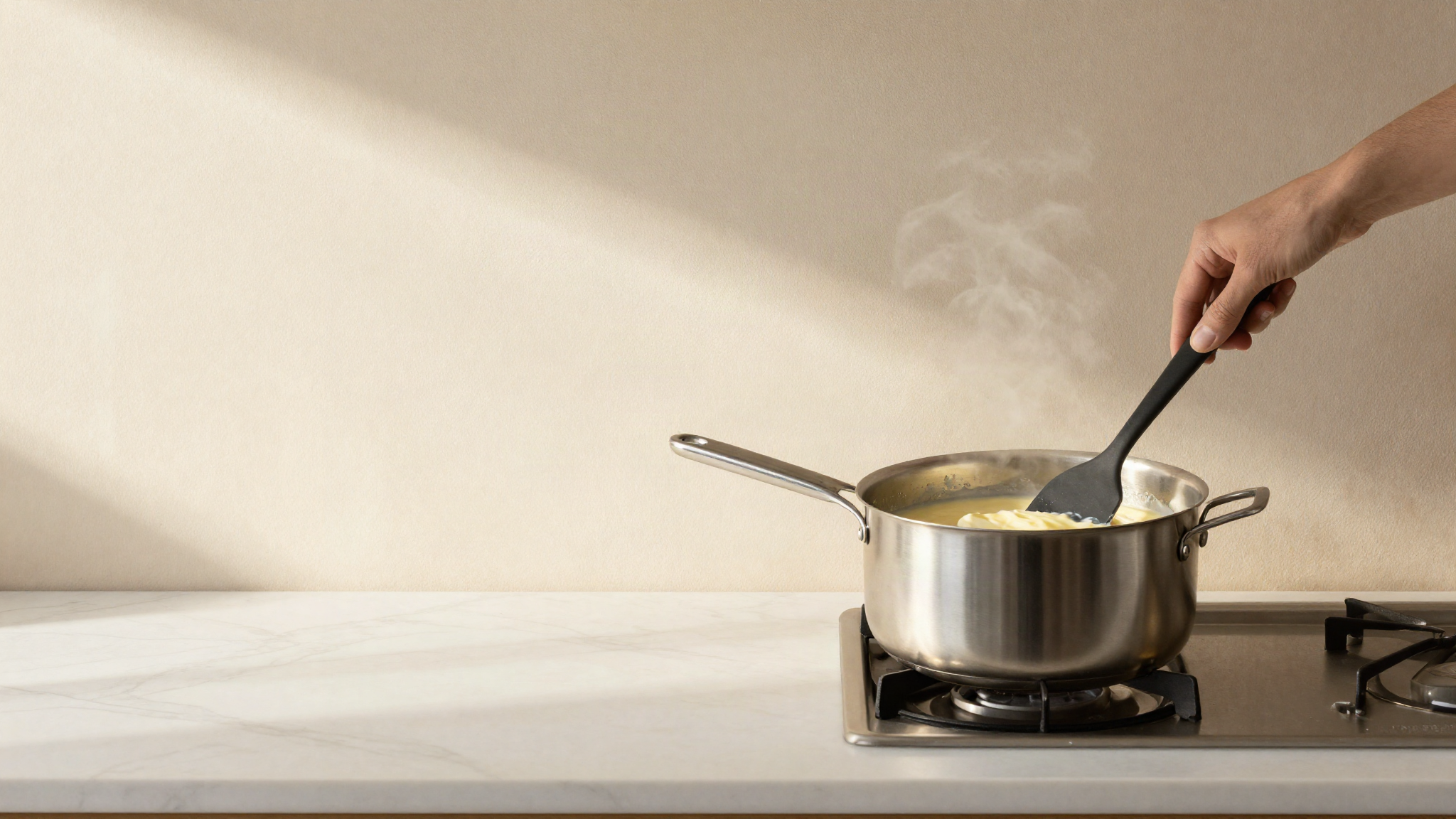 Stainless saucepan of warm milk and cream base being stirred with a silicone spatula