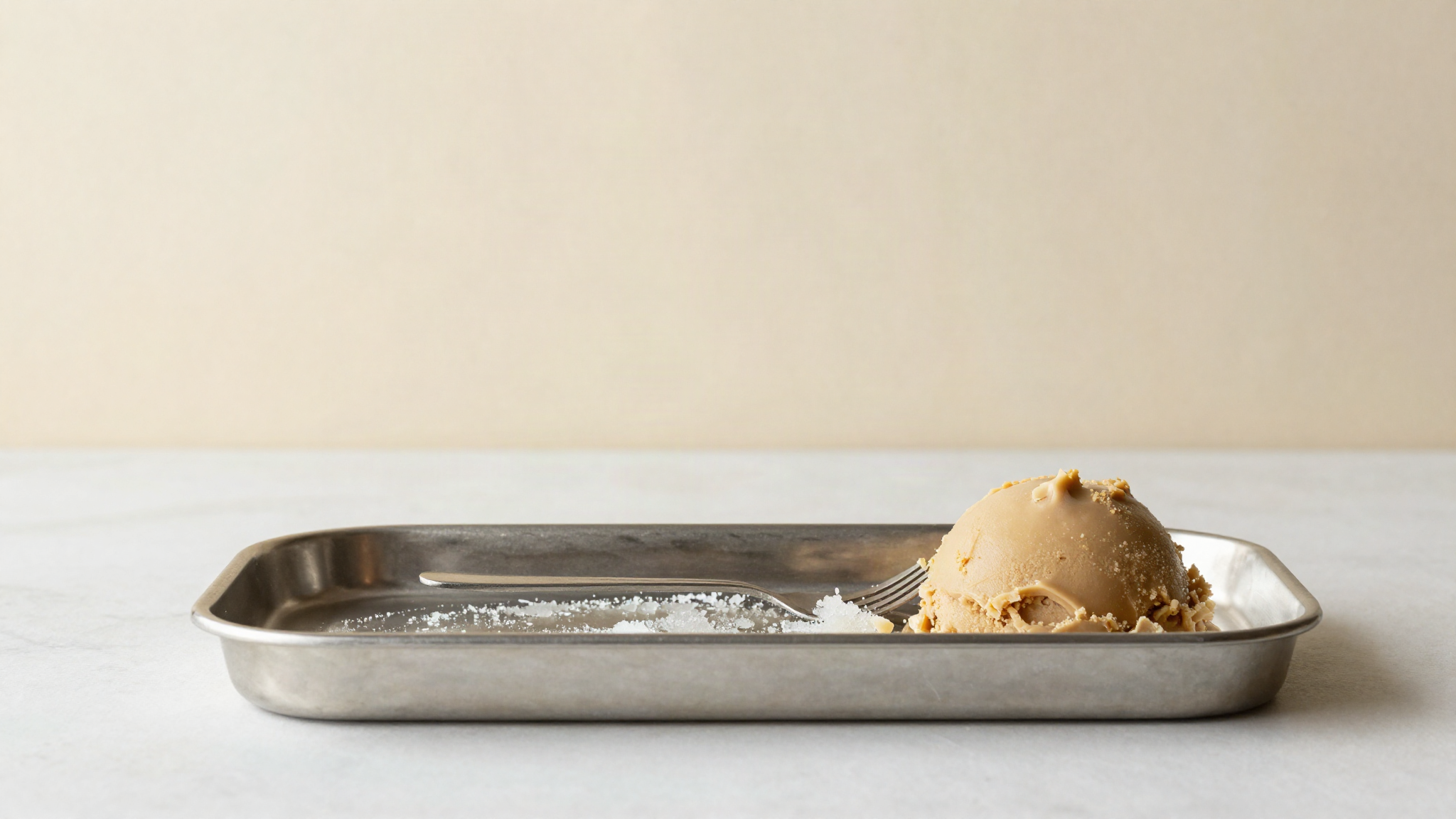 Shallow stainless tray of semi frozen coffee gelato with a fork resting on the scraped surface