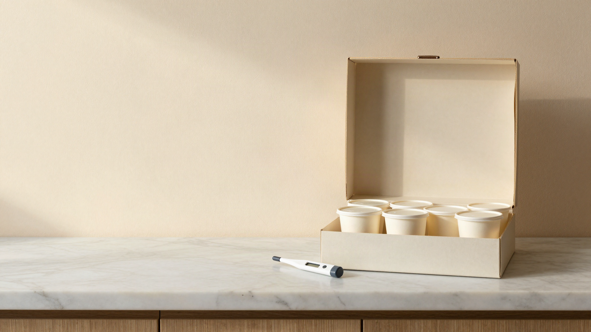 Insulated delivery box opened on a marble counter in a gelato lab, holding sealed paper gelato tubs packed tightly with a probe thermometer beside it