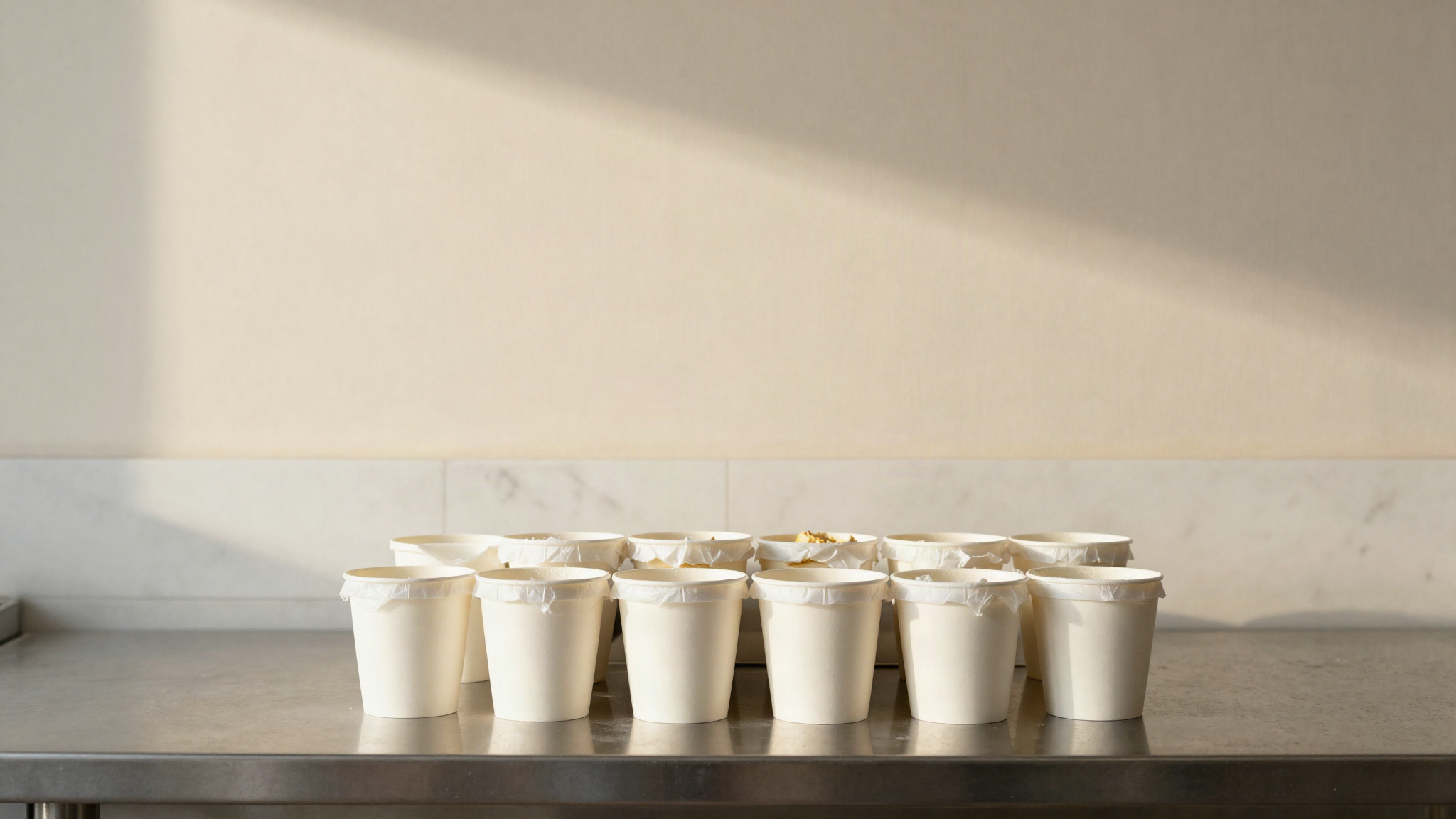 Sealed paper gelato tubs packed tightly in an insulated box between frozen gel packs, on a stainless steel table in a gelato lab