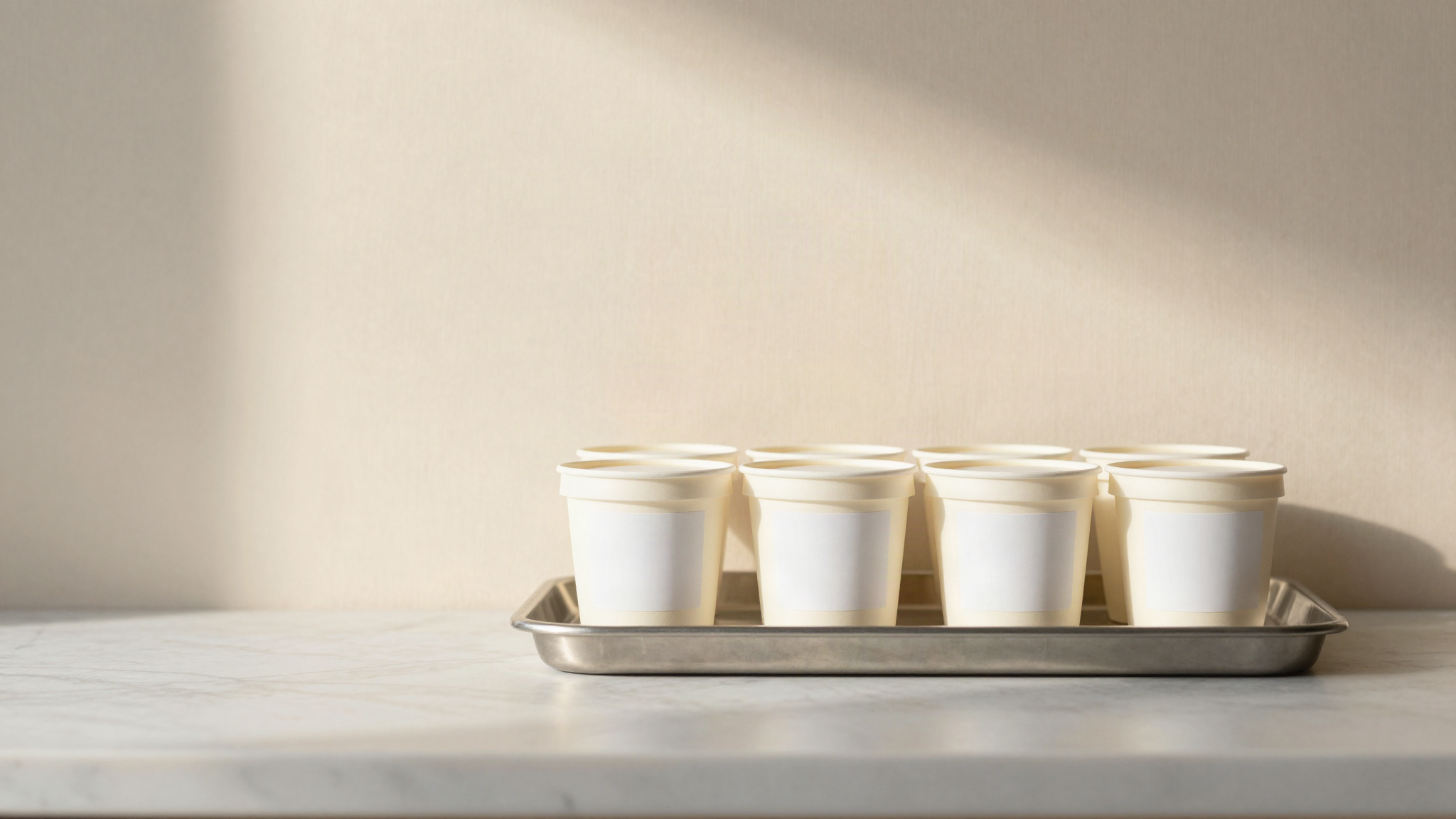 Sealed paper gelato tubs with blank labels ready for flavour and design temperature, lined up on a stainless steel tray in a gelato lab
