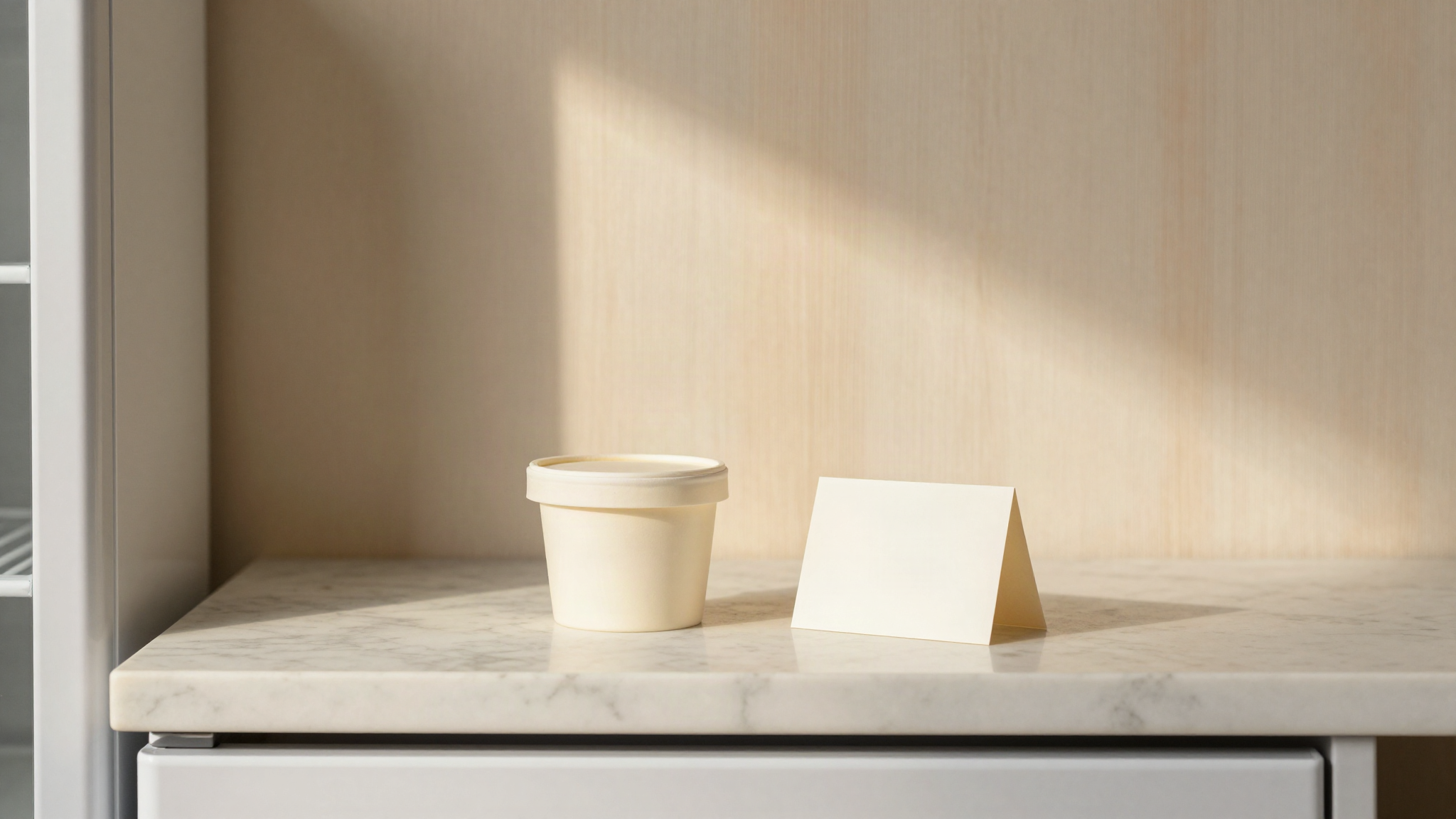 A paper gelato tub and a small printed care card on a marble counter beside a home freezer door, soft morning light