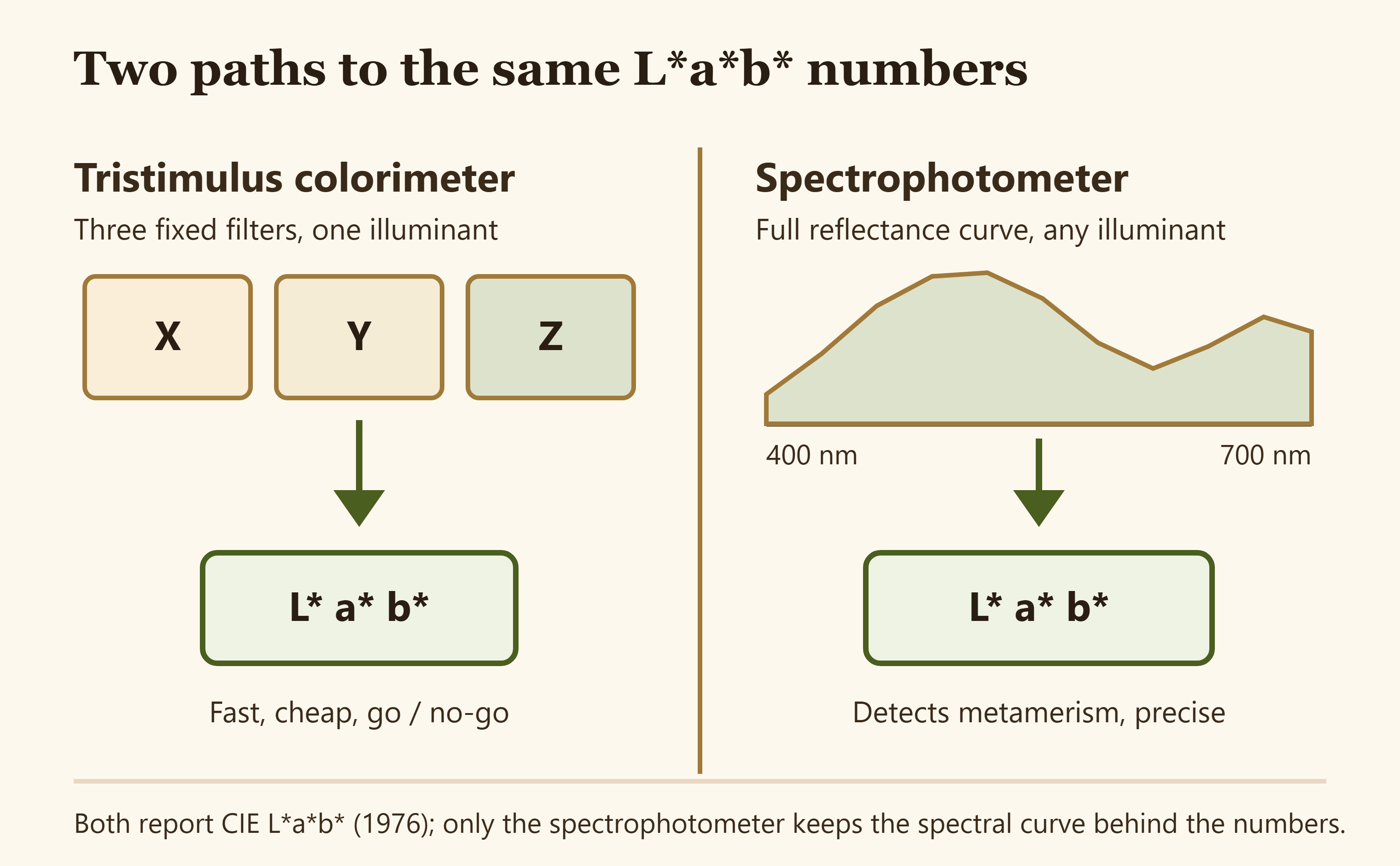 Diagram comparing how a colorimeter reads three filter values while a spectrophotometer reads a full reflectance curve