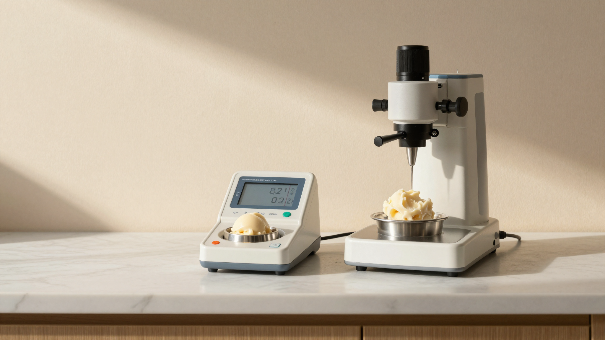 A colorimeter and a spectrophotometer side by side measuring gelato color in a lab