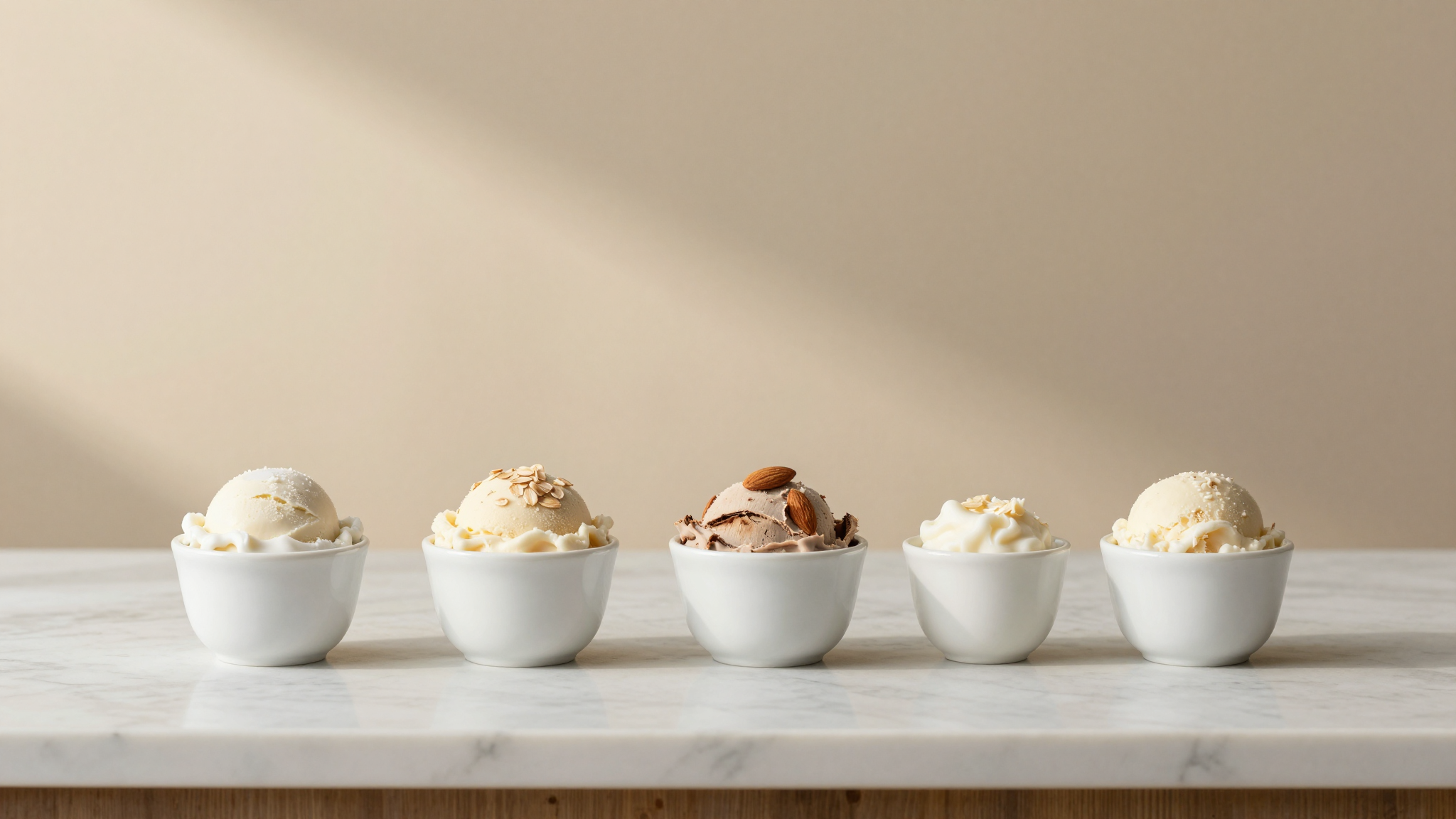 A clean Italian gelato lab counter with four small ceramic cups of plant-based gelato — coconut, oat, almond, cashew — under soft morning light