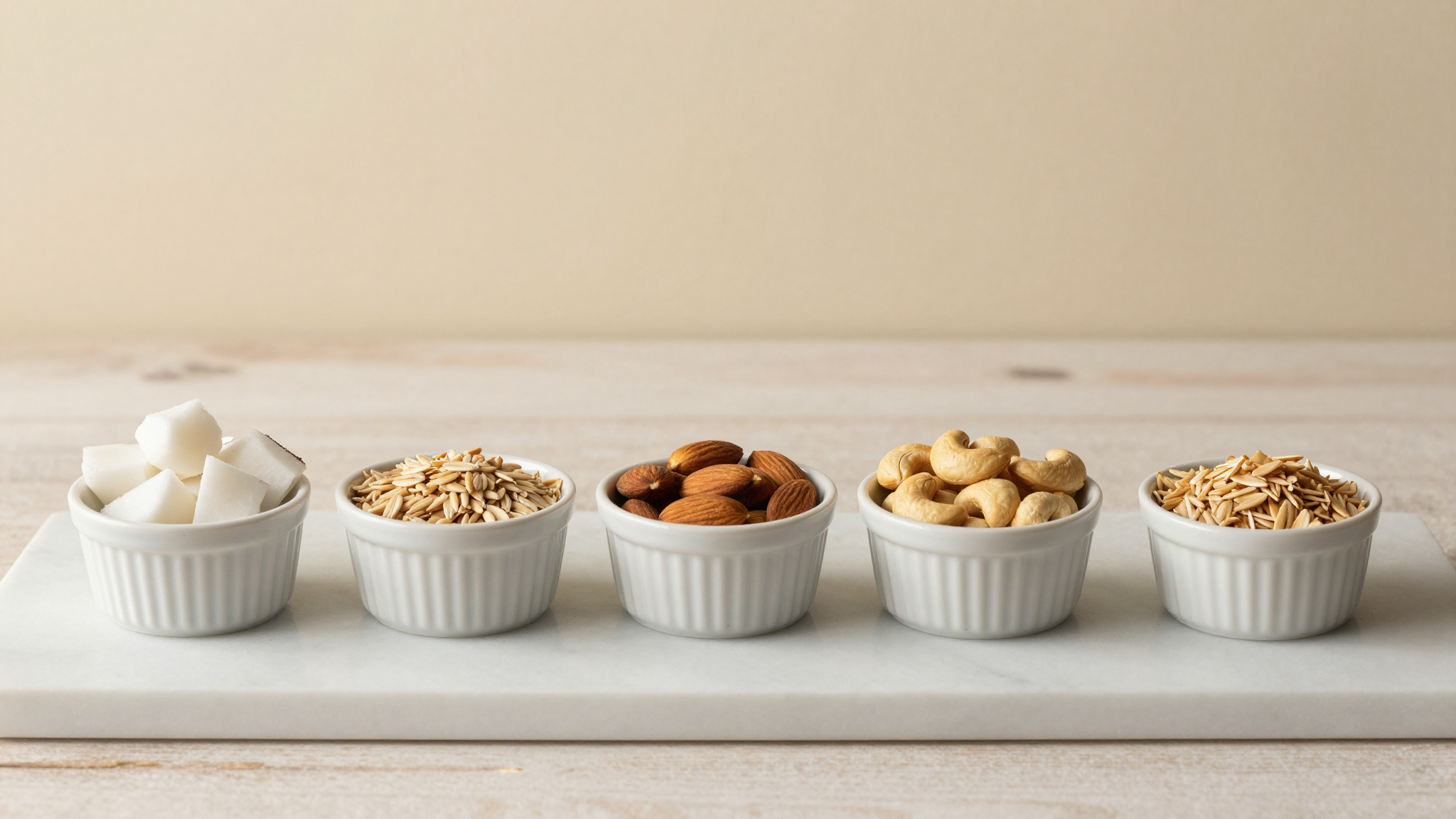 A clean lab setup with the four plant ingredients arranged on marble — coconut, oat, almond, cashew