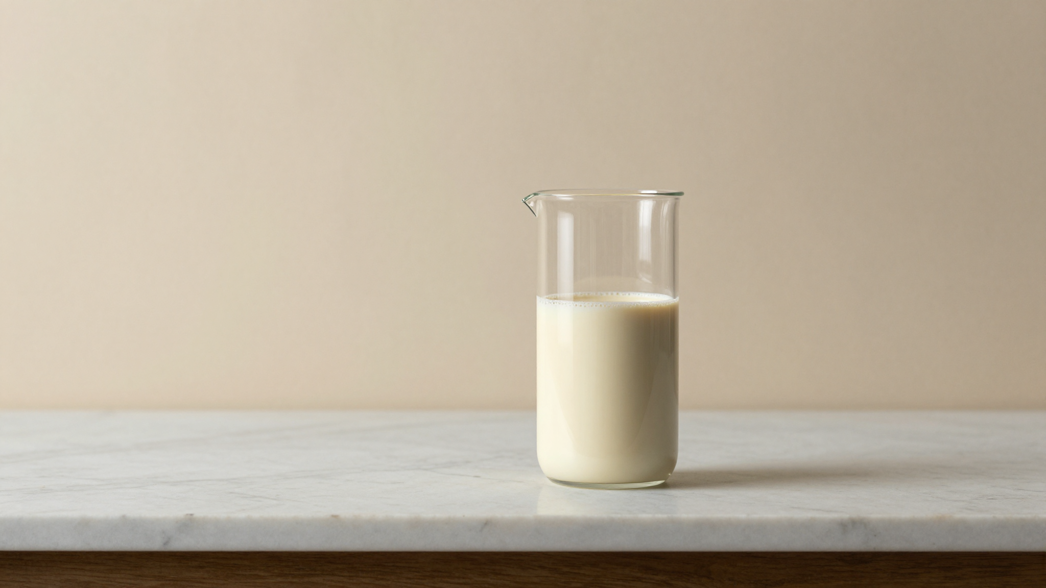 A clear glass beaker of oat base showing the smooth pour and slight cream tone