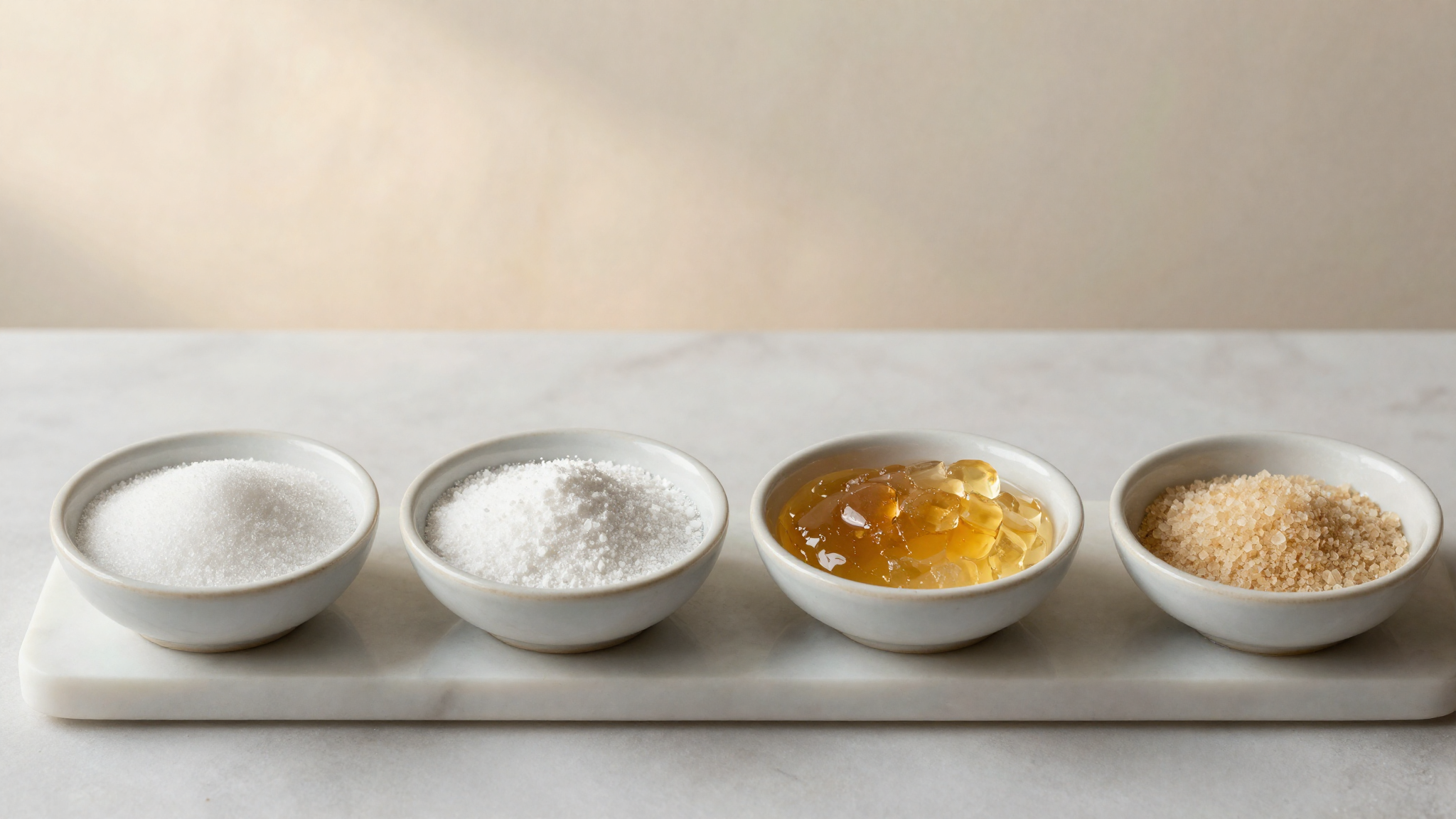 A small array of vegan sugars — sucrose, dextrose, inulin, inverted sugar — on a marble counter