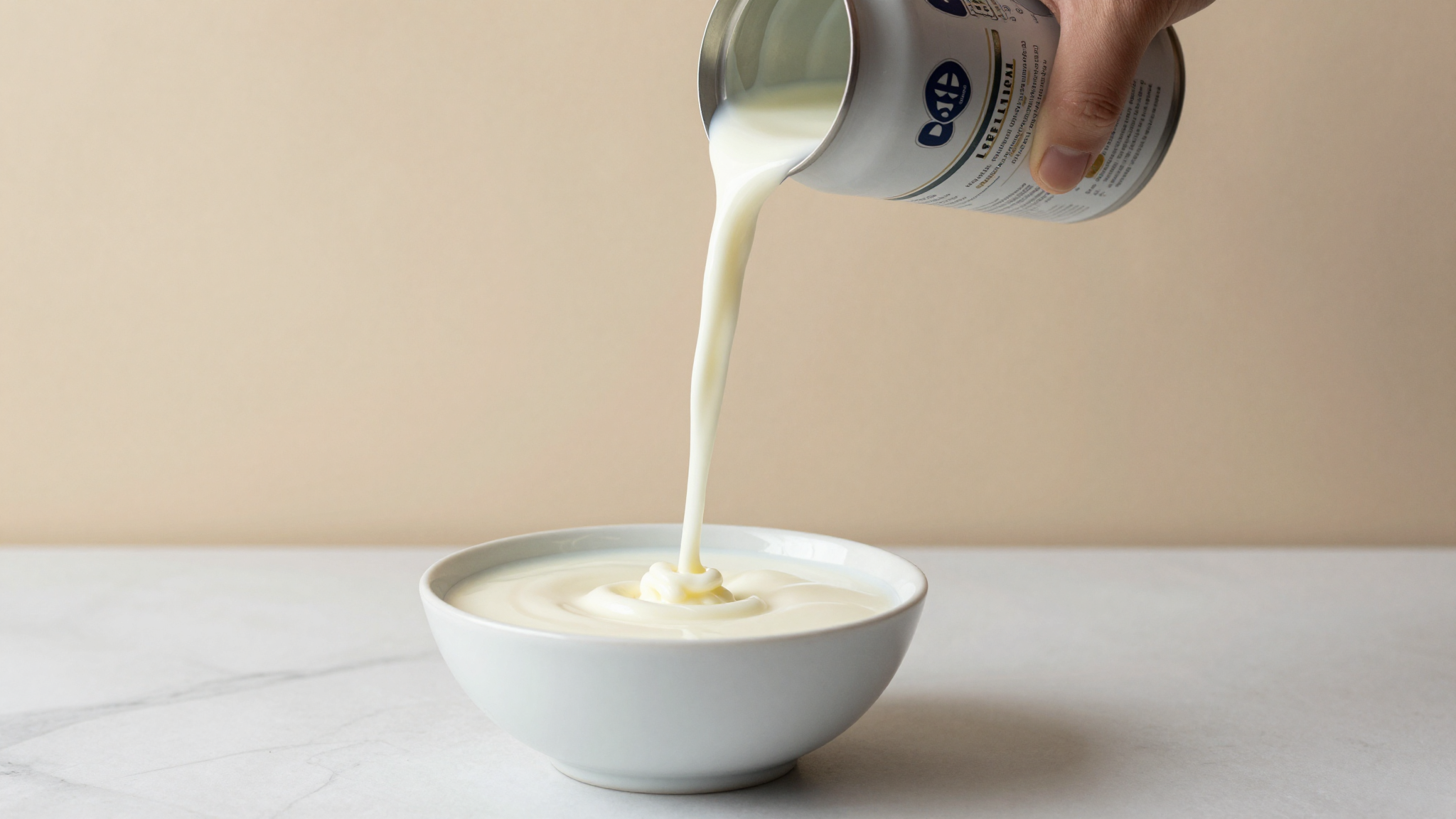 A can of sweetened condensed milk pouring beside fresh whole milk on marble