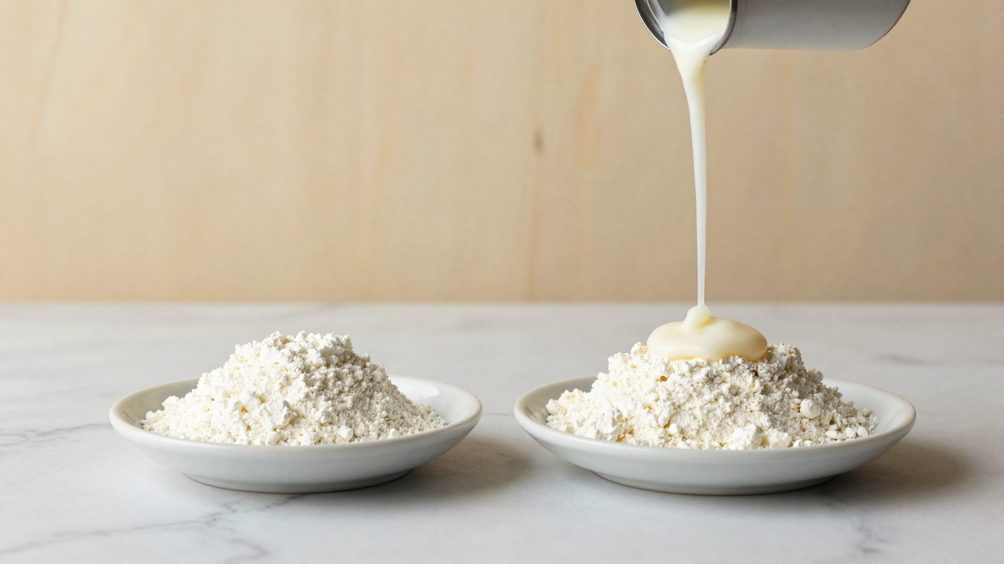 Sweetened condensed milk and skim milk powder in dishes side by side on marble