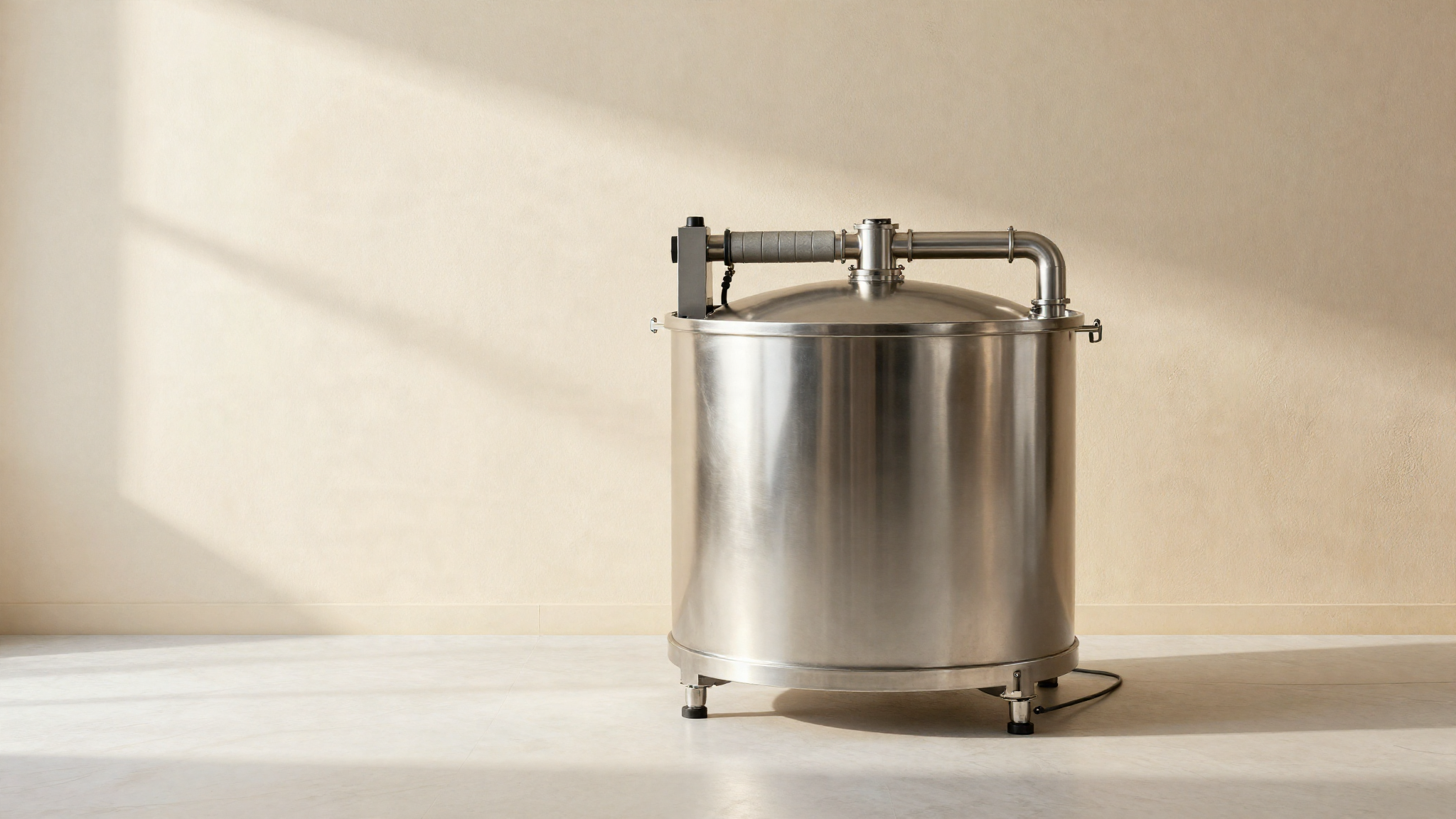 A polished stainless steel continuous freezer barrel in a clean industrial ice cream plant