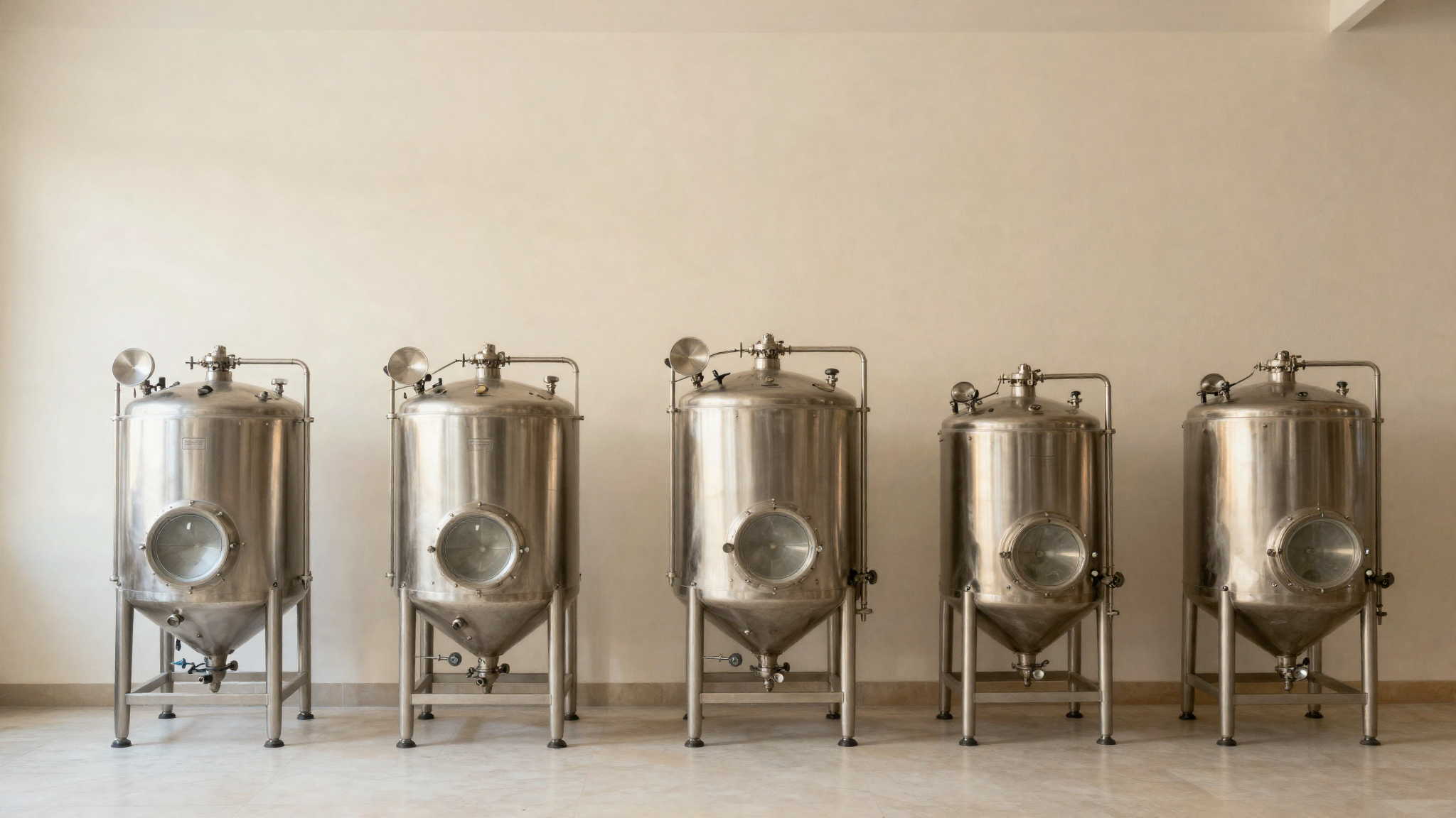 A row of polished stainless steel industrial production tanks and piping in a bright clean factory