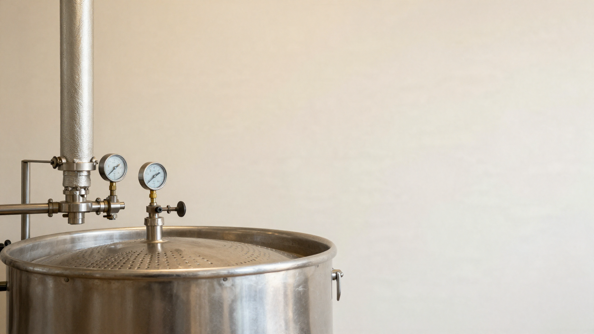 A close-up of a stainless steel scraped-surface freezer barrel with insulated piping and gauges