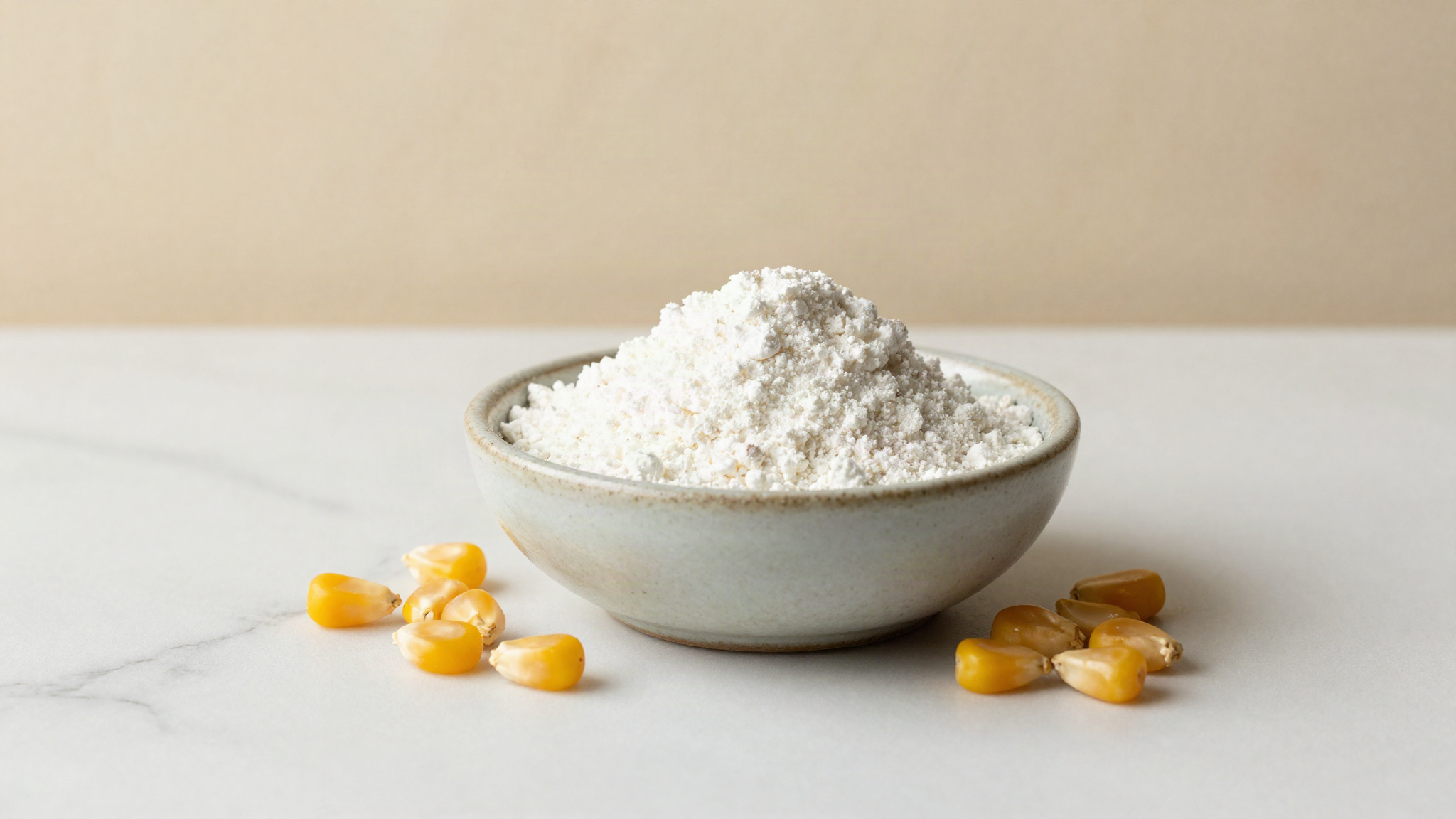 A small ceramic bowl of fine white corn syrup solids powder beside a few dried golden corn kernels on marble
