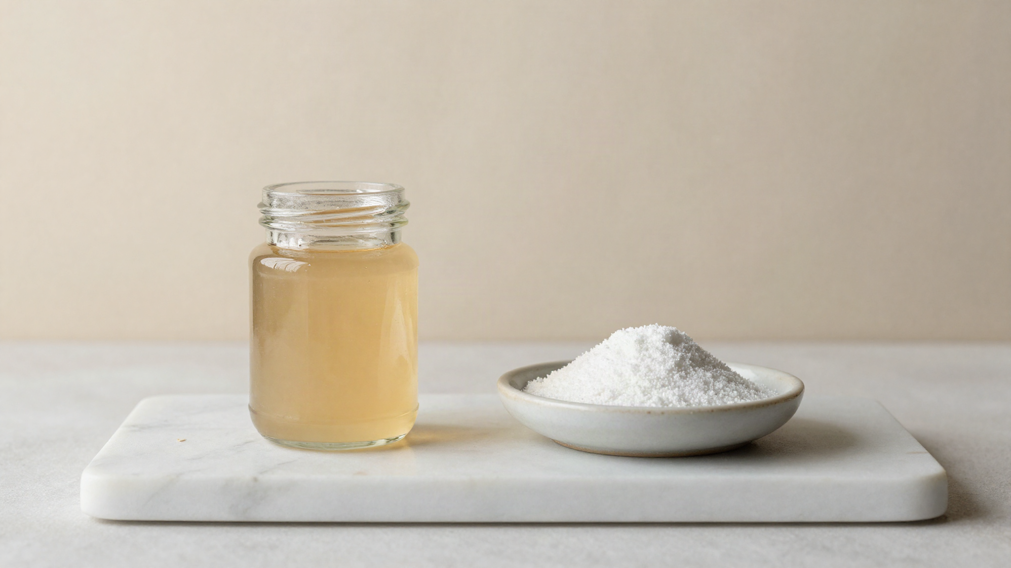 A small glass jar of clear glucose syrup next to a small ceramic dish of fine white dried glucose powder on a marble board