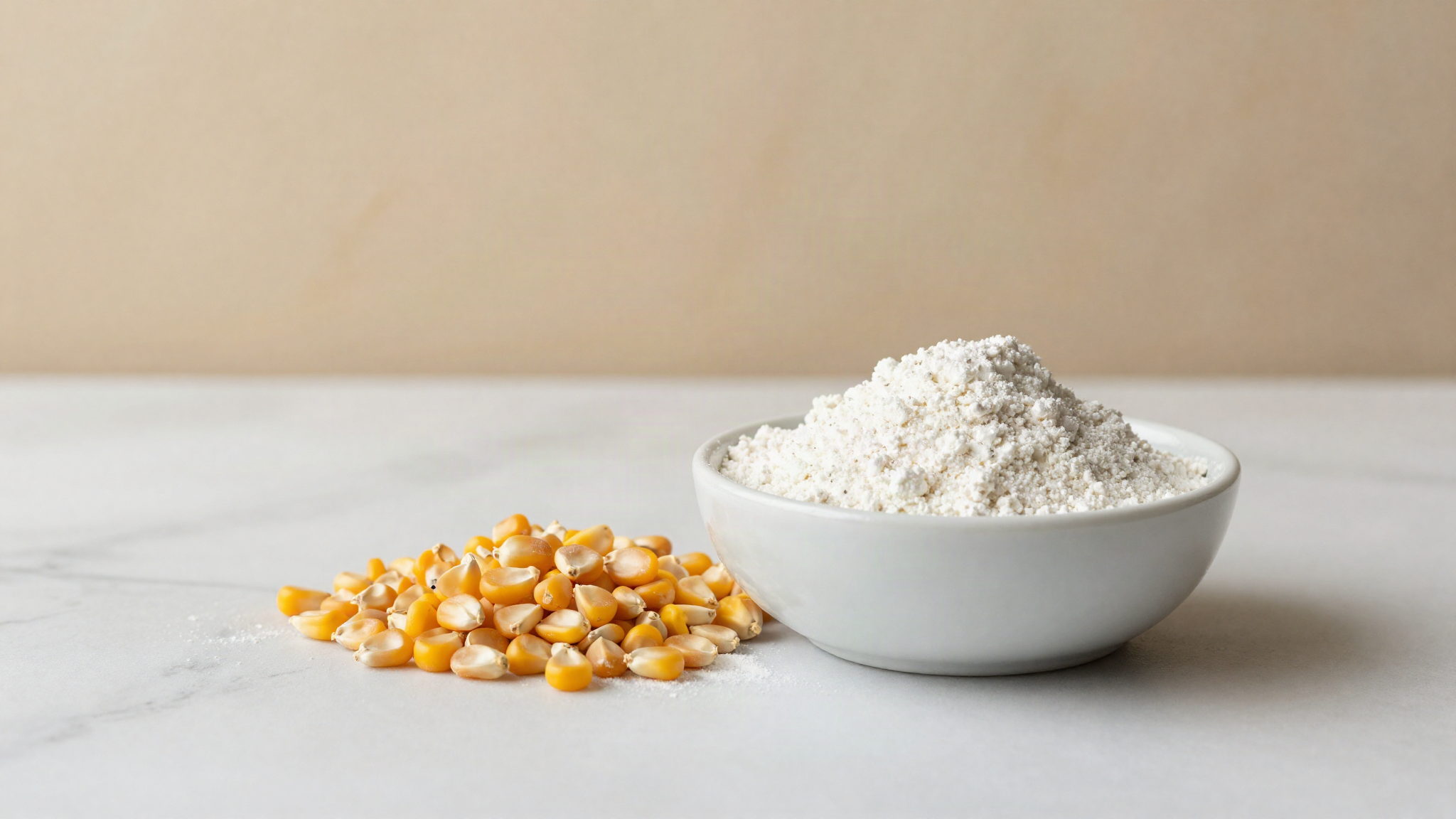A small white ceramic bowl of fine cornstarch beside dried corn kernels on a marble surface
