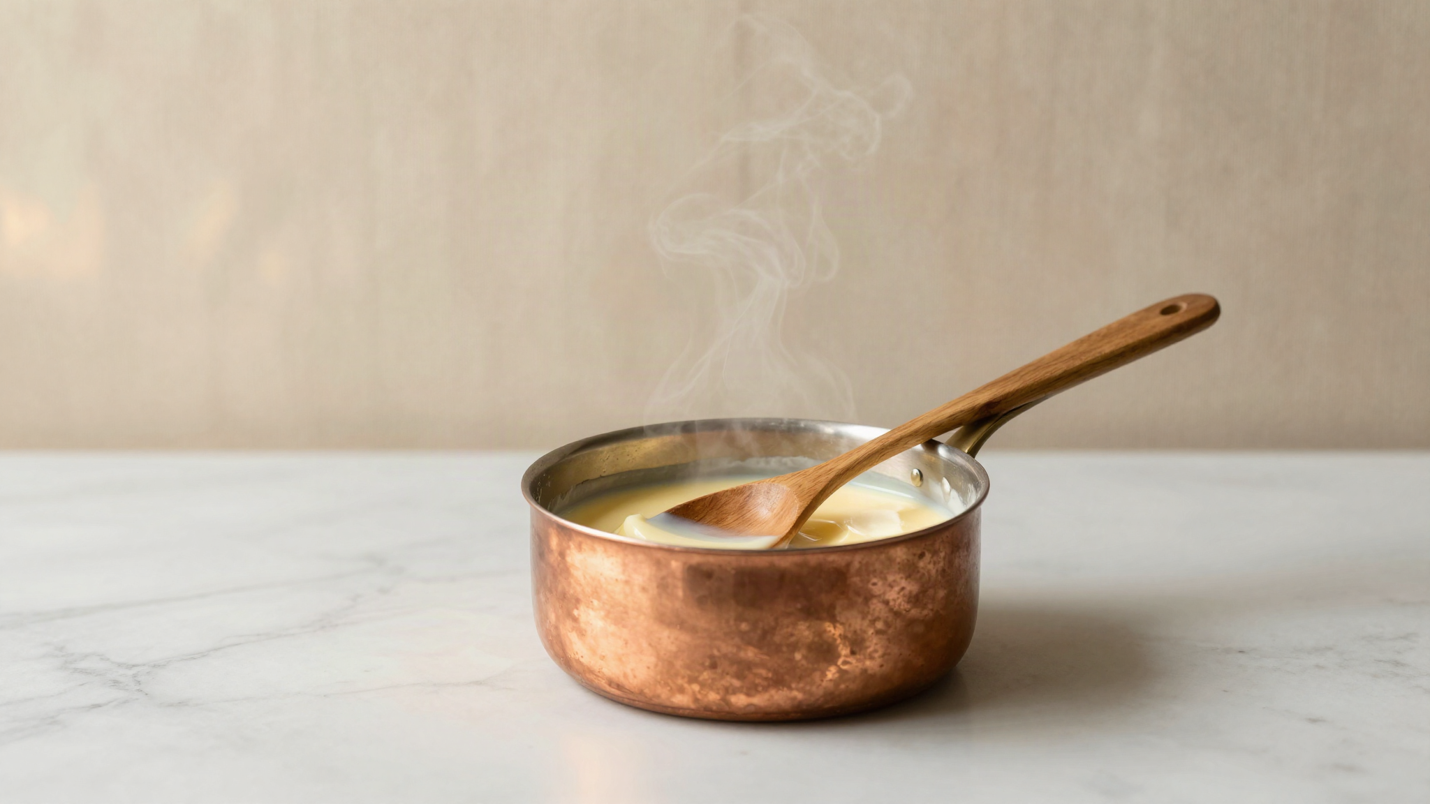 A copper saucepan of thickening pale milk custard base with a wooden spoon resting across it