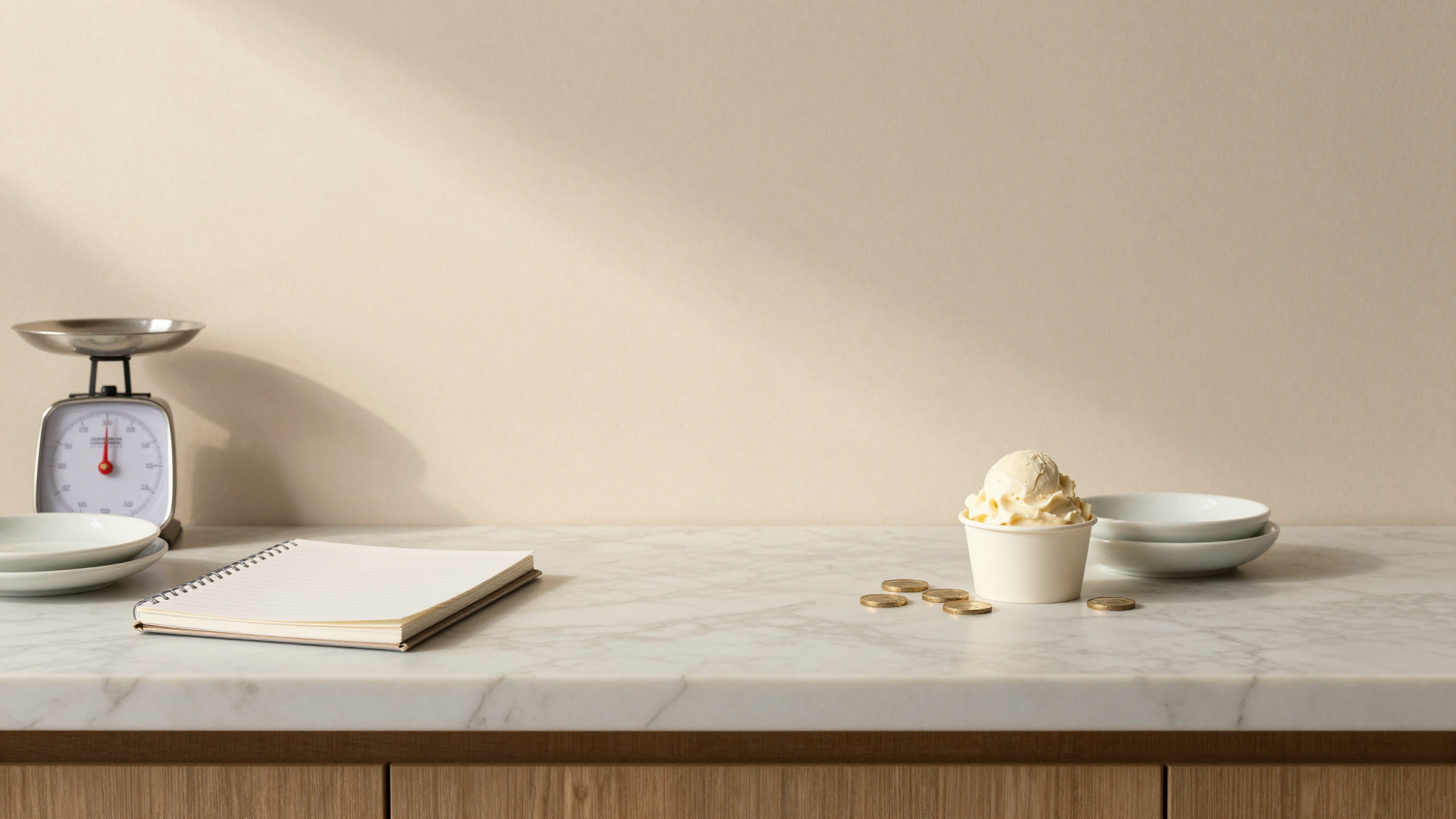 A marble counter top down view with a notebook, a tiny scale, ceramic dishes and coins beside a small open gelato cup