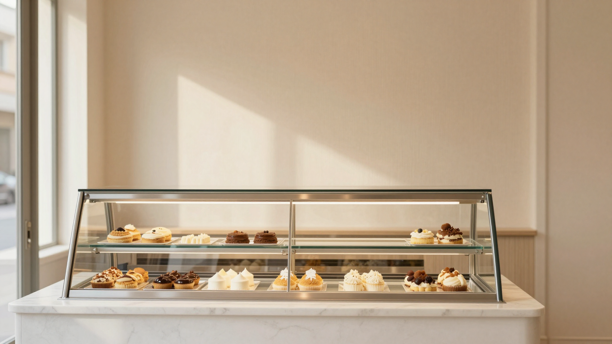 Marble counter with a notebook, a small scale, ceramic dishes and a few coins beside an open gelato cup — conceptual planning scene