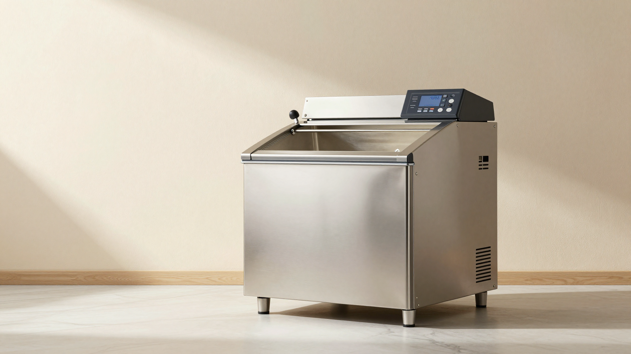 A polished stainless steel professional mantecatore and pasteurizer side by side in a clean gelato lab