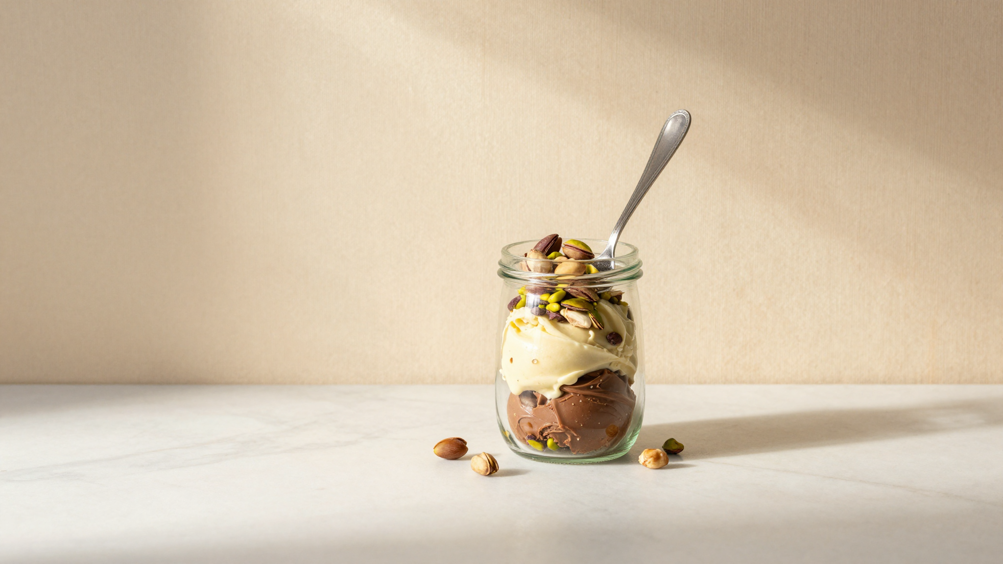 A vertical glass jar holding spoons of pistachio, chocolate, hazelnut, and fior di latte gelato — flavor inventory