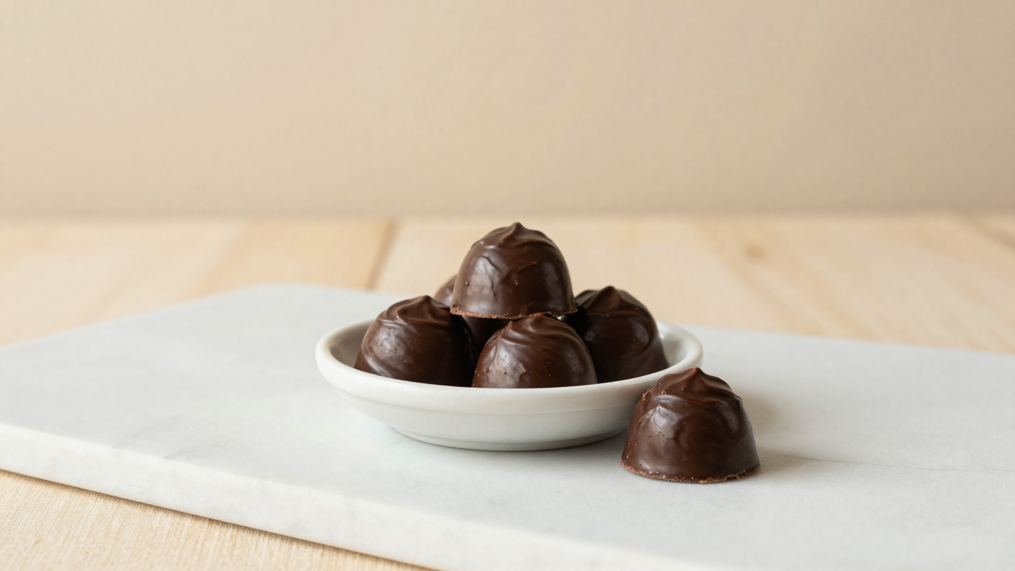 Premium dark chocolate couverture callets in a ceramic dish on marble with a glossy tempered disc nearby