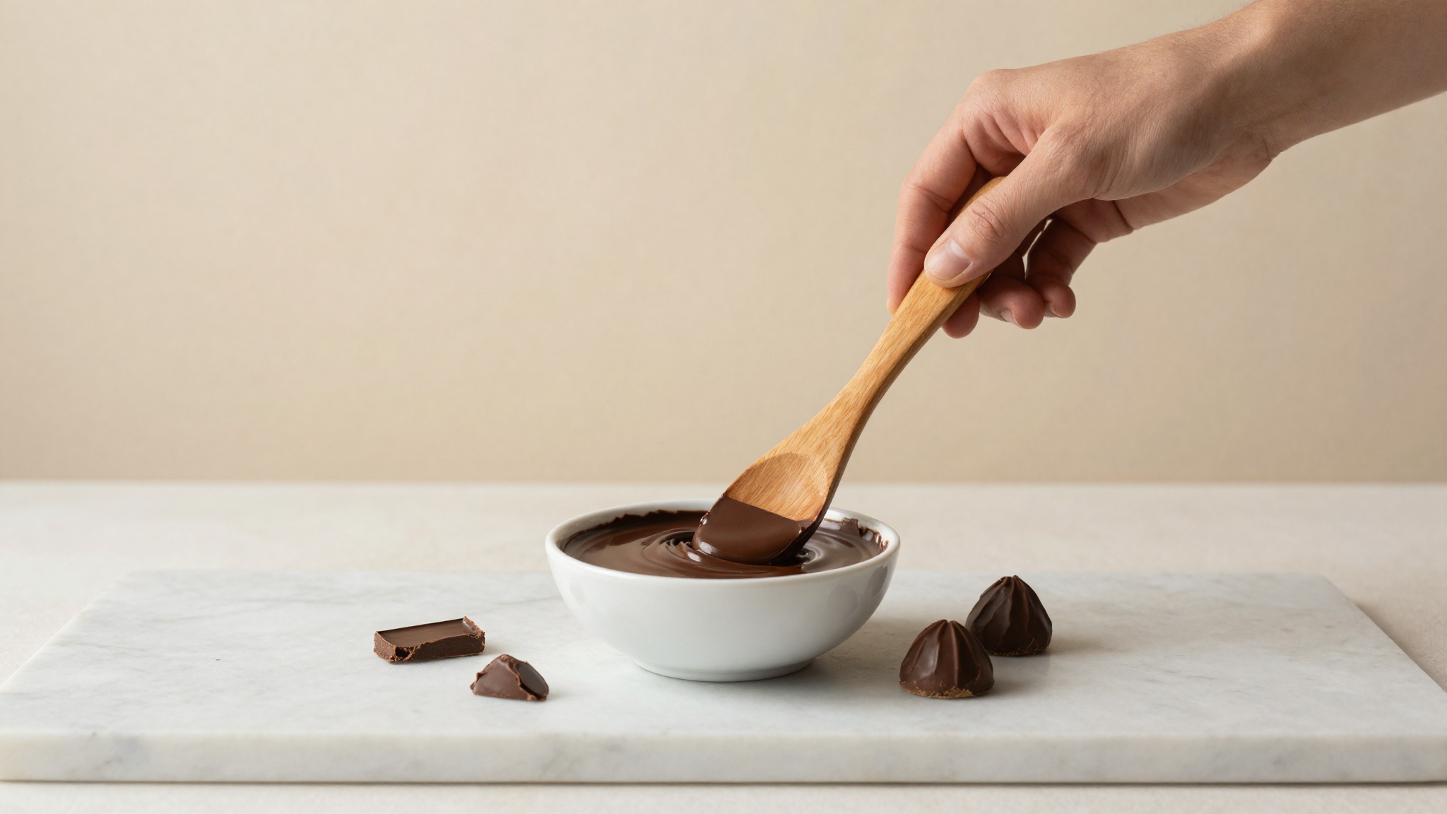 Open ceramic dish of dark chocolate couverture callets on marble with a single tempered disc nearby