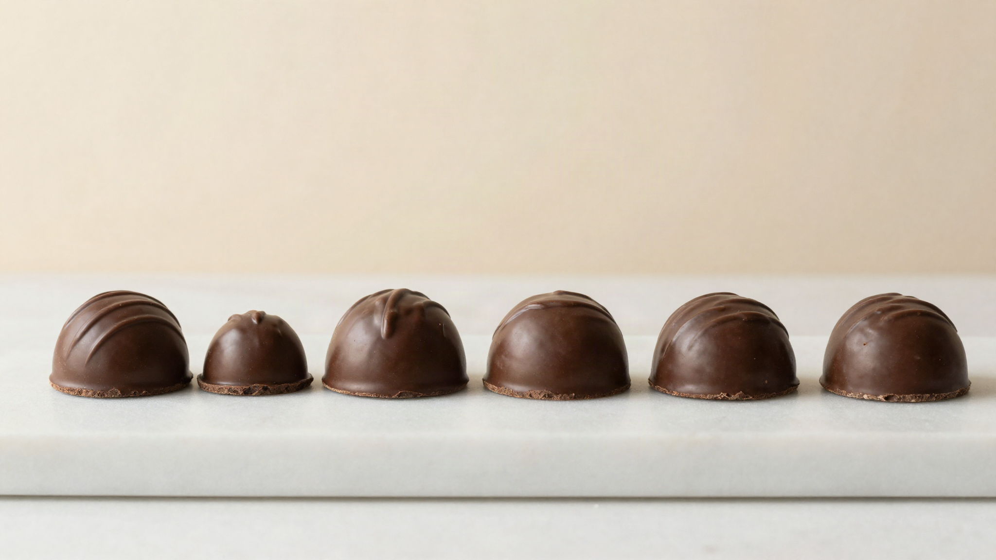 Couverture callets and glossy compound chocolate discs side by side on a white marble surface