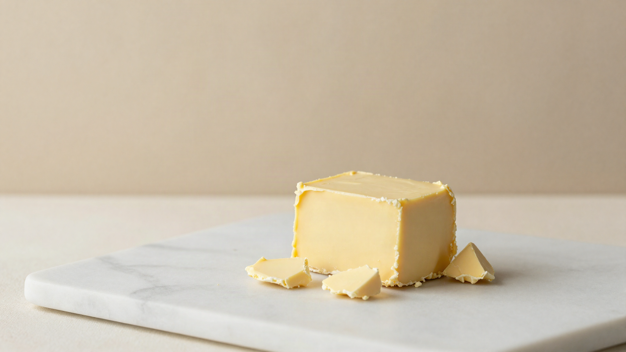 A block of pale yellow cocoa butter with broken shards beside it on white marble