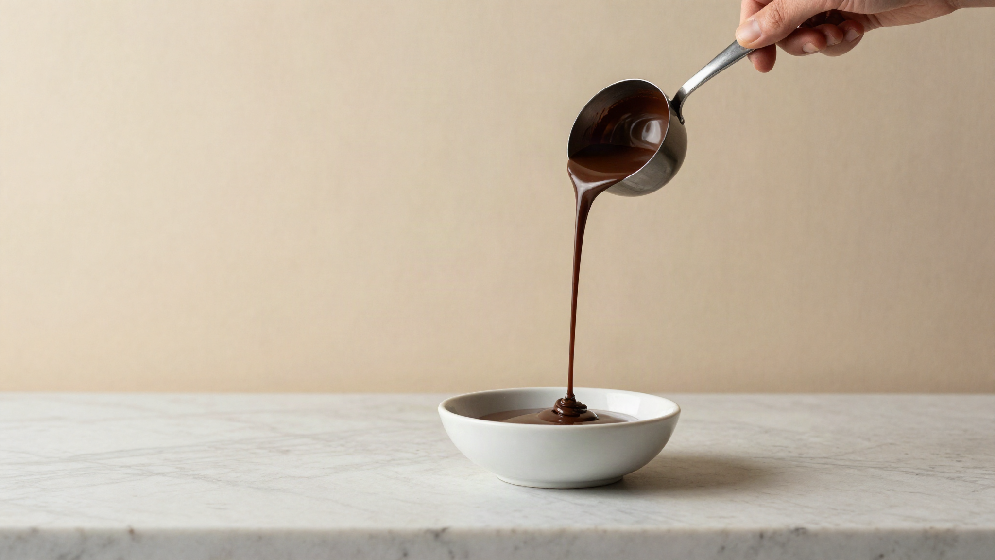 Melted dark chocolate flowing in a thin glossy ribbon from a ladle into a white ceramic bowl