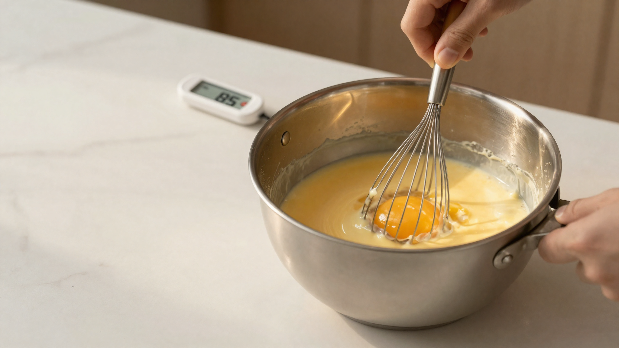 Egg yolks being tempered into warm dairy in stainless mixing bowl over thermometer