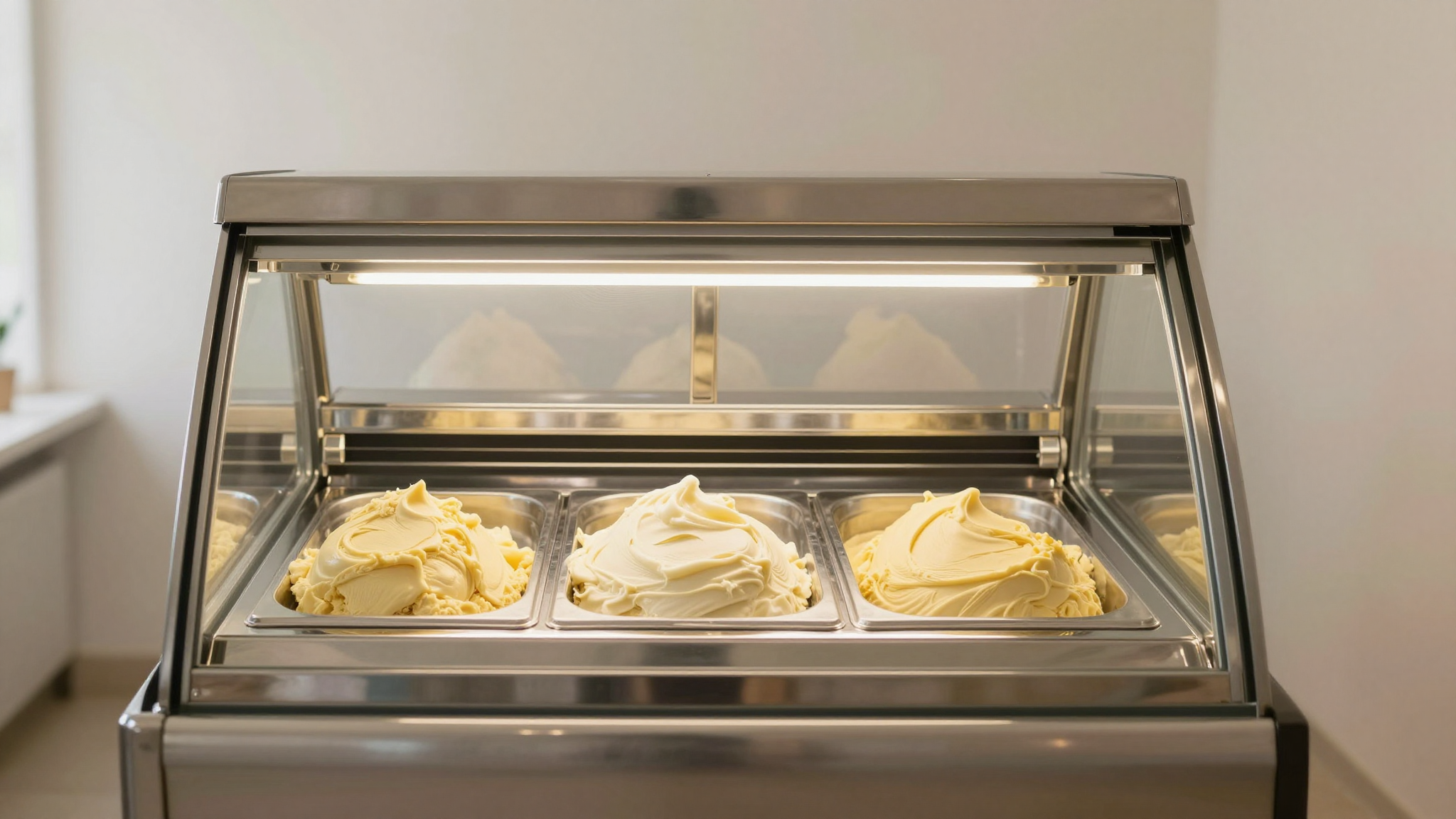 Finished crema all'uovo gelato being dressed in italian gelato vetrina display case